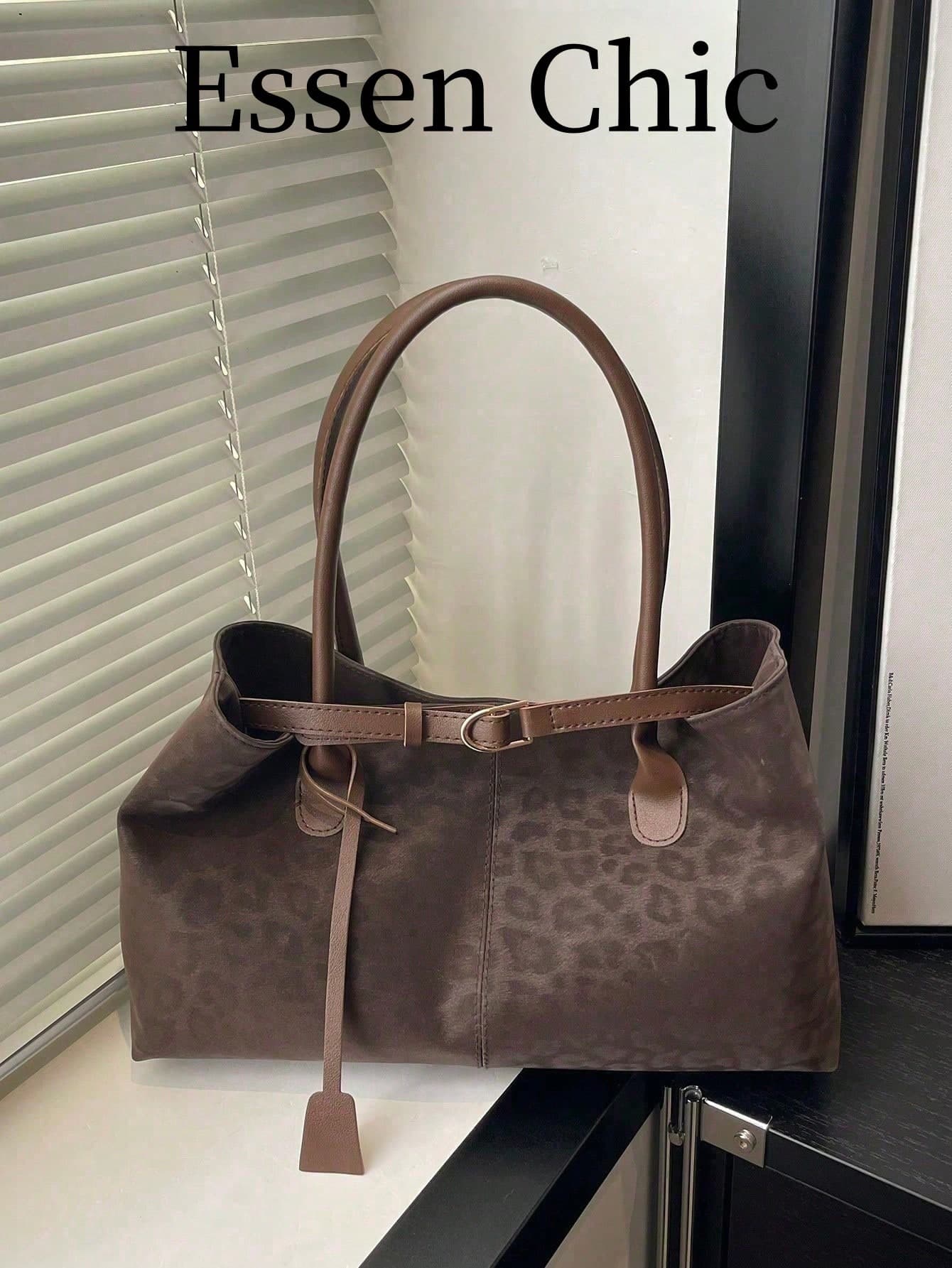 1pc Coffee Brown Vintage Leopard Print PU Tote Bag, Large Capacity Women Shoulder Bag