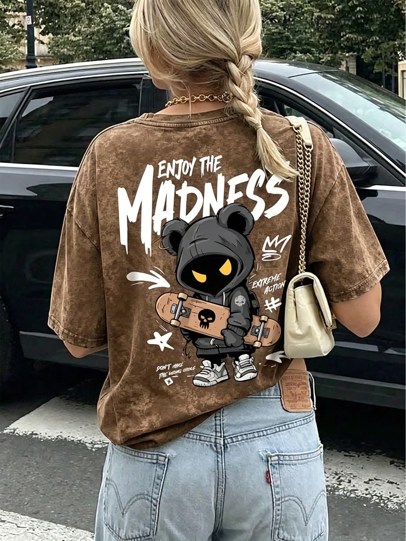 V High Street Dark Style Tie-Dye Bear Skateboard Print Short Sleeve T-Shirt Women's Summer Loose Round Neck Casual Top Y2K Style