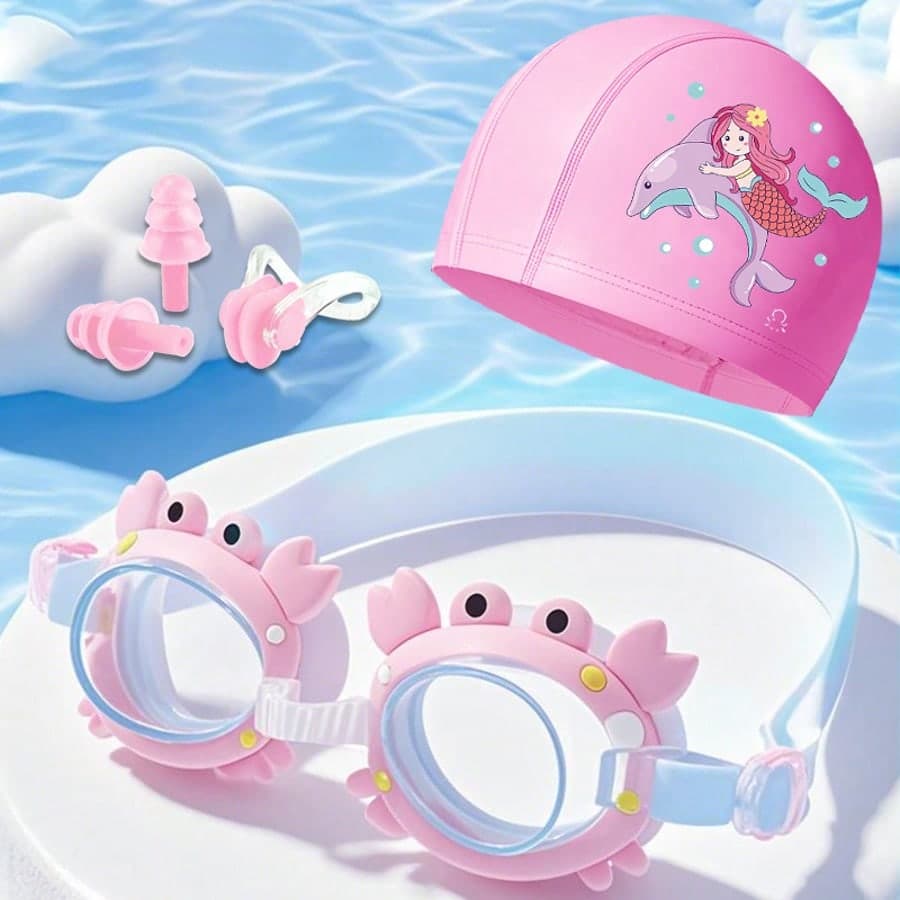 4pcs/Set Cute Cartoon Kids Swimming Set - Swim Cap + Goggles + Earplugs + Nose Clip, Children Swim Gear, Unicorn/Dinosaur/Mermaid