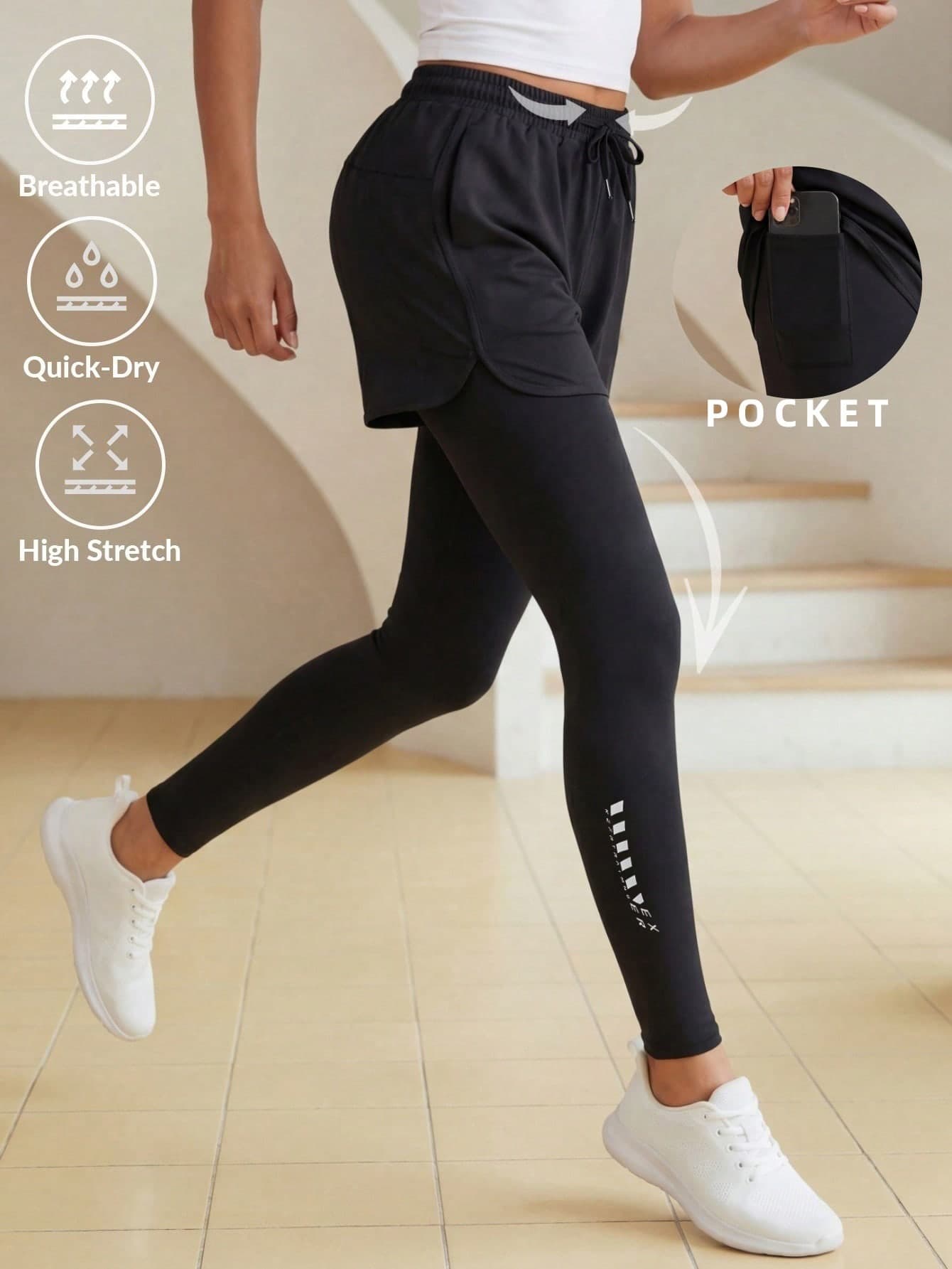 1pc Women's Sports Leggings, 4-Season Fitness 2 In 1 Pants, Anti-Flashing, Elastic Lining With Pockets, Running Print