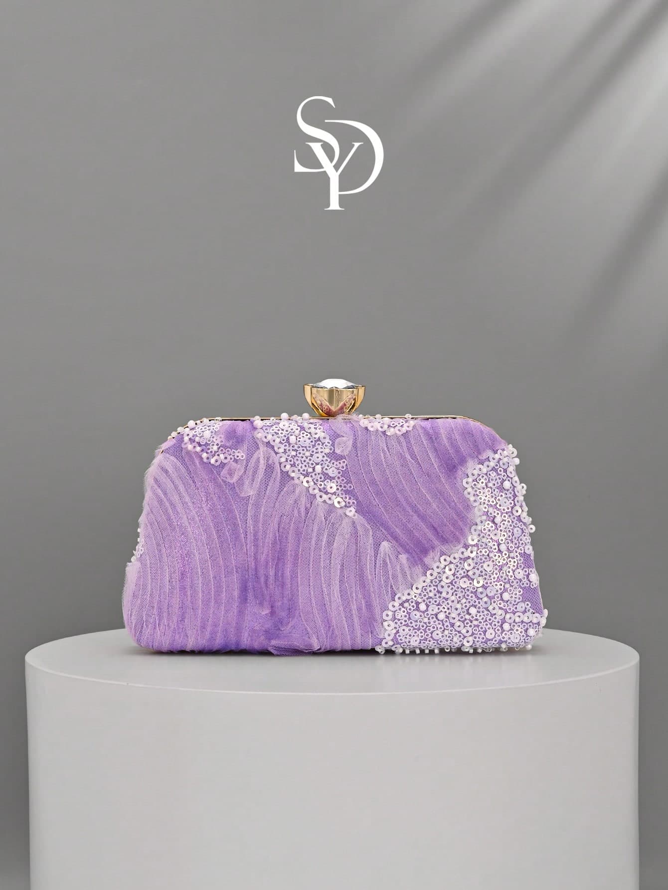 1pc Purple Sheer Sequin Evening Clutch, Gold Frame Formal Wallet, Suitable For Weddings And Parties (Random Cutting)