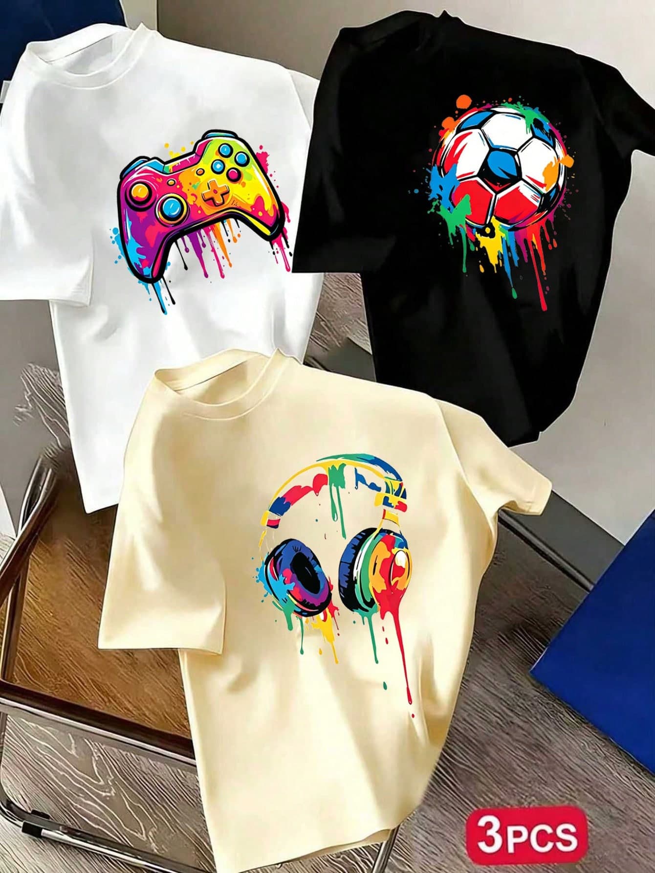3pcs Tween Boys' Popular Graphic Print Round Neck Short Sleeve T-Shirts, Suitable For Boys' Daily Wear, School, Street Style, Fashionable Summer Tops