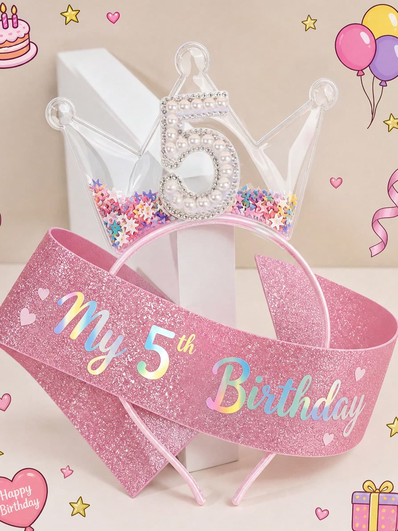 2pcs Colorful Glitter Crown Headband And Birthday Ribbon Set, Fun & Cute Numbered Birthday Party Headband Crown, Suitable For Girls, Rhinestone Pearl Headband, Sweet Princess Style Hair Accessory Birthday Party Gift (Pearl Quantity On Number Is Random)