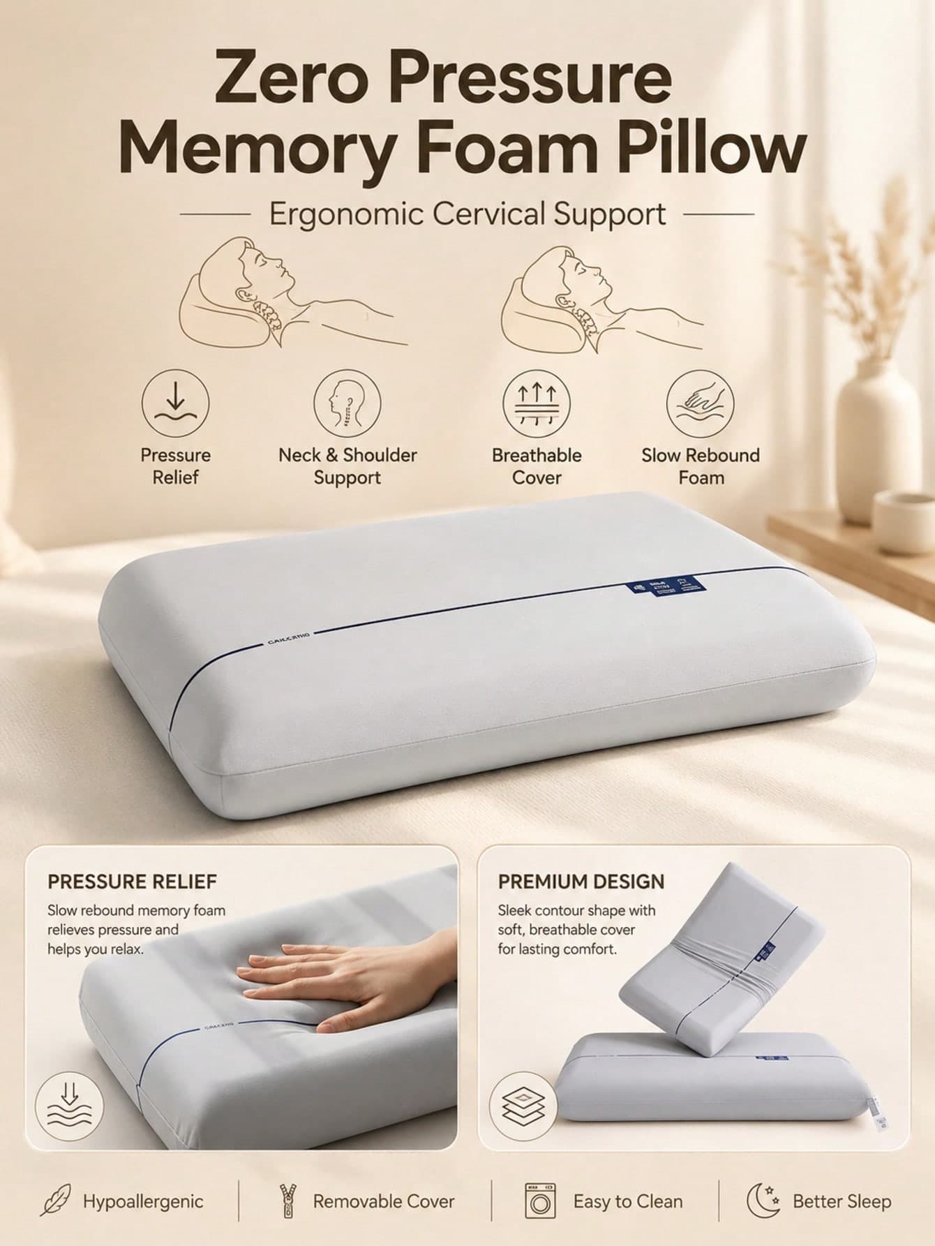 1Pc Zero Pressure Memory Foam Sleep Pillow Contoured Cervical Orthopedic Pillow For Neck Shoulder Relax Ergonomic Orthopedic Contour Support Pillow Back Stomach Side Sleepers Removable Breathable Cover For Daily Home Hypoallergenic Polyester Cover