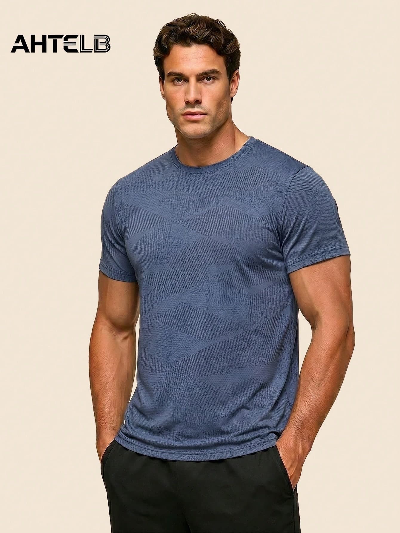 AHTELB Men's Summer Plaid Jacquard Round Neck Short Sleeve, Thin Ice Silk Quick-Drying Breathable T-Shirt, Outdoor Sports Casual Short Sleeve, Gift For Husband, Boyfriend, Client And Father, Men's Tracksuit, Tracksuits For Men, Breathable, Absorbs Sweat, Lightweight, Quick-Drying