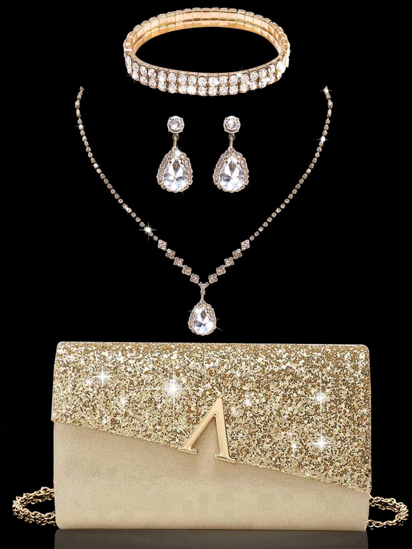 Sparkling Luxury Women's Sequin Clutch Bag, V-Shaped Metal Flap Bag, Letter Fashion Party Bag, Women's Ball Handbag, Women's Wedding Evening Bag, Sparkling Luxury Diamond Jewelry Set, Shiny Necklace, Earrings And Bracelet Set, Suitable For Matching Sparkling Evening Gowns, Wedding Dresses And Party Outfits