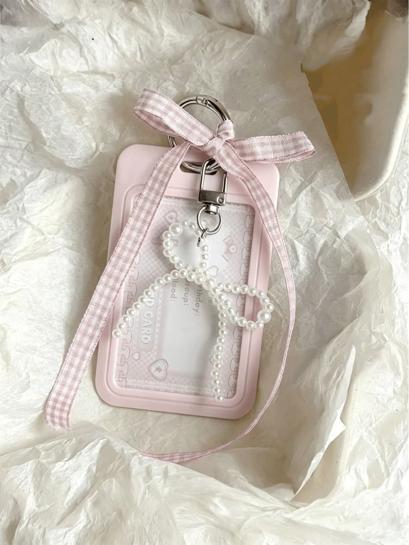 1pc Card Holder With Sliding Grid Strap And Faux Pearl Pendant, Detachable And Wipeable Sliding Cover, Student Campus Card/Meal Card Protector, With Pearl Bow Keychain, Durable Transparent Card Holder With ID Window And Card Slots, Campus Card, ID Card, Transit Card Holder, DIY Keychain Pendant, Bank Card Holder