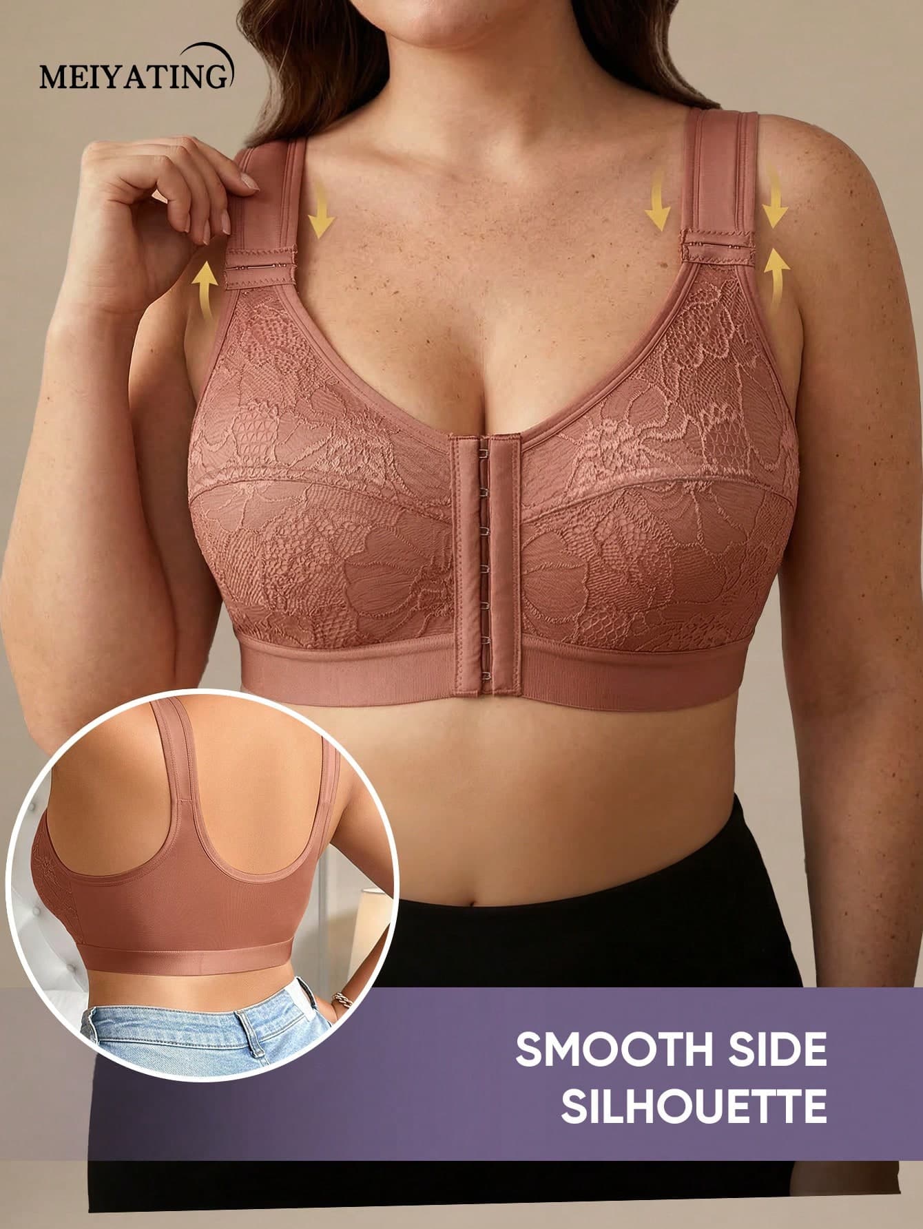 MEIYATING Women's Plus Size Lace Front Closure Soft Comfortable Daily Summer Thin Cup Bra