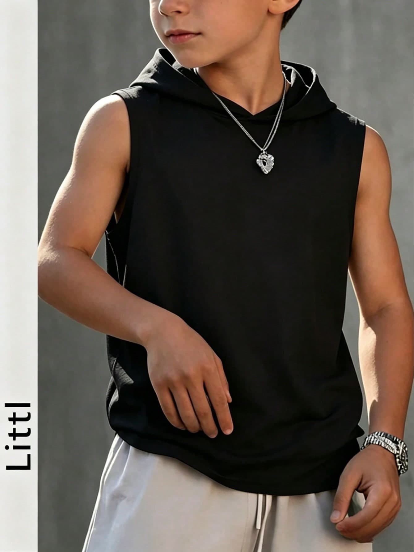 Tween Boys' Sleeveless Hooded T-Shirt, Stylish Casual, Solid Color Versatile, Fashion Top, Suitable For Travel, Vacation, Camping, Birthday Gift, Great For Outdoor