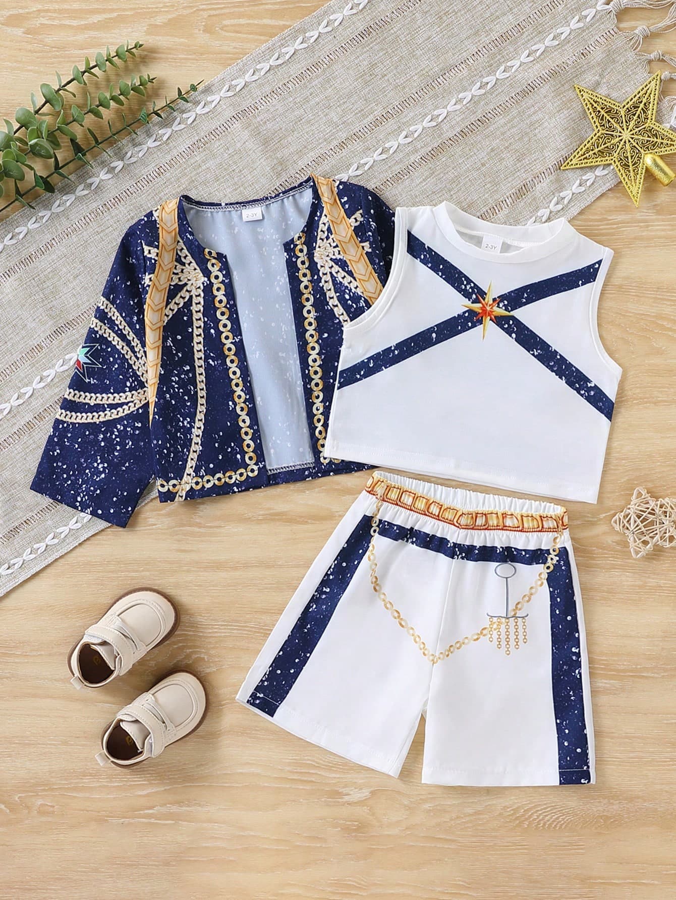 3pcs Girls' Starry Sky Jacket + Vest + Shorts Set, Party Stage Performance Outfit