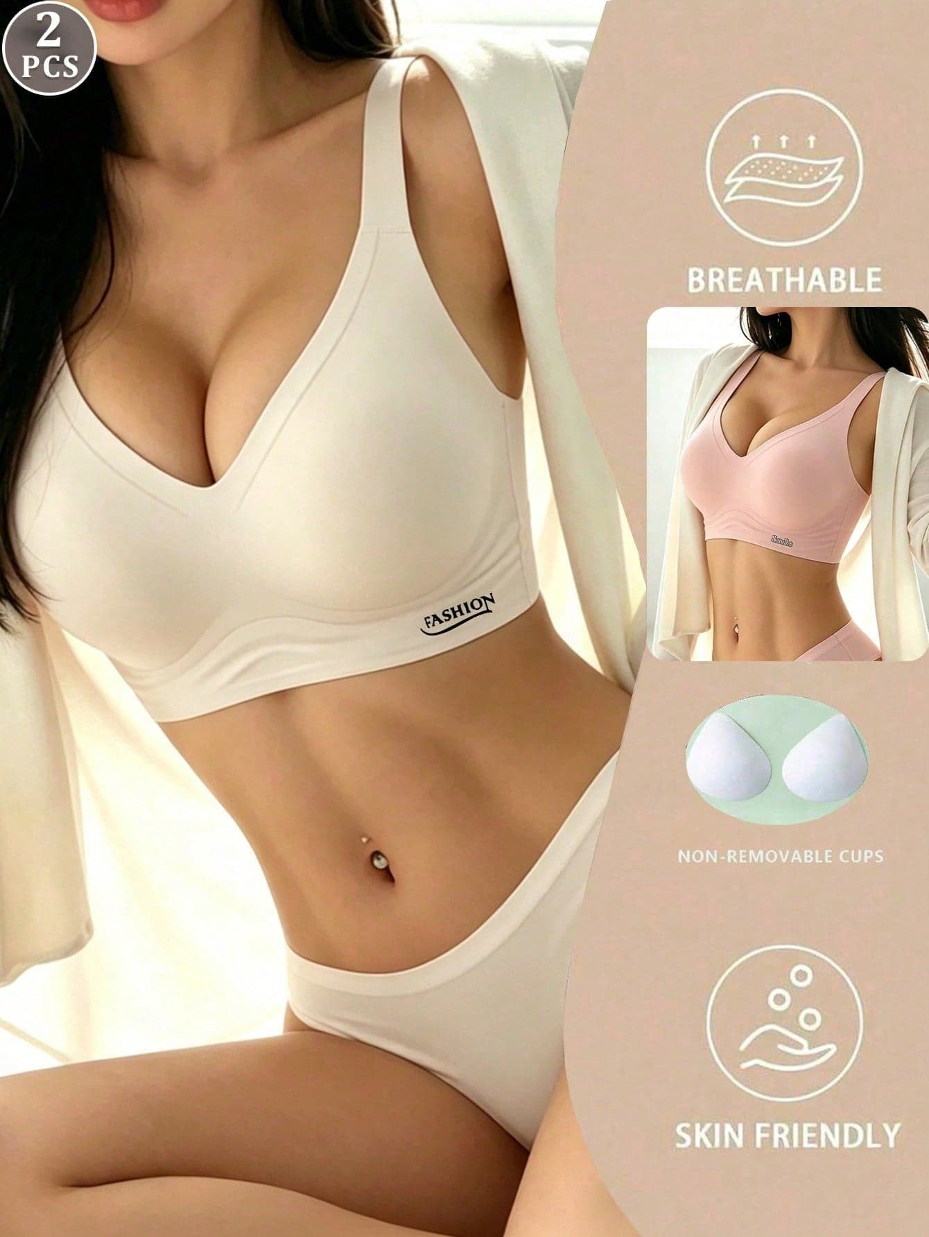 2pcs/Set Wireless Bras For Women, Seamless Lightly Lined Bras With Non-Removable Cups, Breathable & Skin-Friendly, Suitable For Sleeping And Daily Wear
