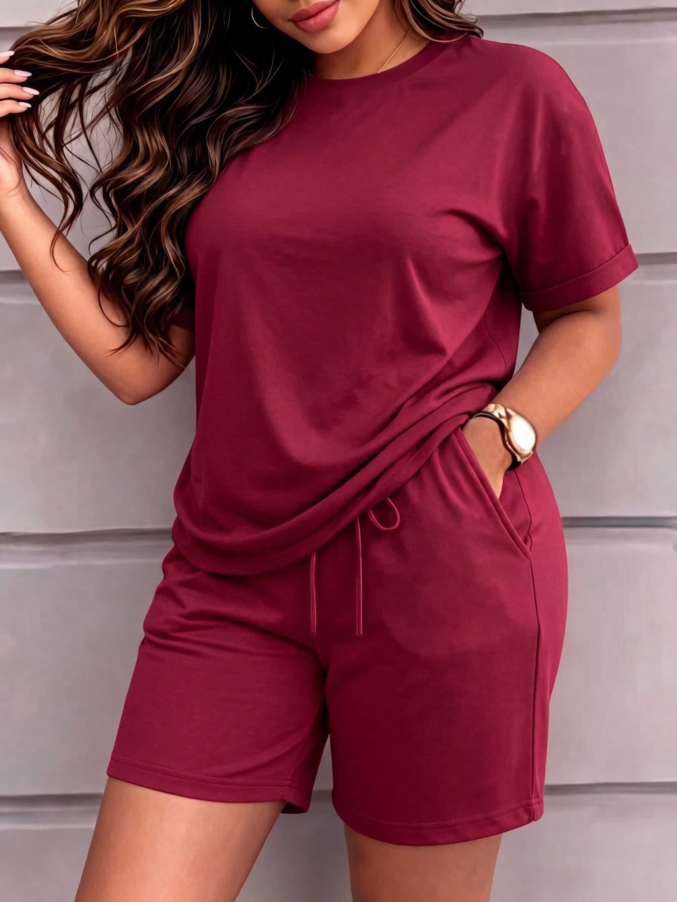 Spring/Summer Women's Solid Color Short Sleeve Retro Round Neck T-Shirt And Elastic Waist Drawstring Shorts 2-Piece Set, Minimalist Sporty Casual For Vacation & Homewear, PJ Style, Suitable For Outdoor, Sports, Exercise, Running, Beach, Home And Other Occasions Red Elegant