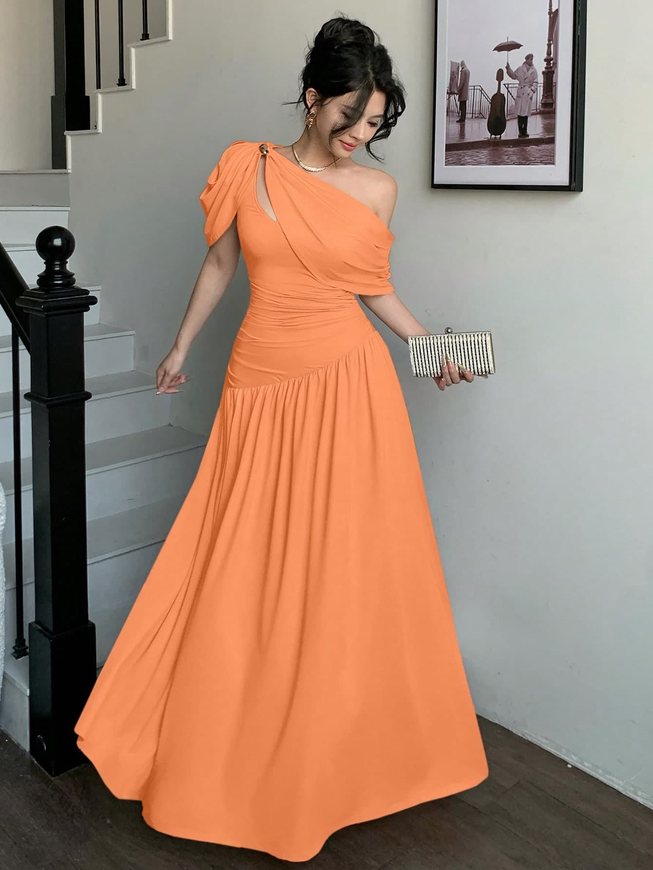 abyoxi Women's Orange Pleated Ruched Waist Fitted Flare Maxi Dress, Elegant & Fashionable, Suitable For Party, Date, Holiday, Wedding, Formal Occasion, Banquet, Teacher's Day, Mother's Day, Graduation Ceremony, Stretchy Spring/Summer Maxi Dress
