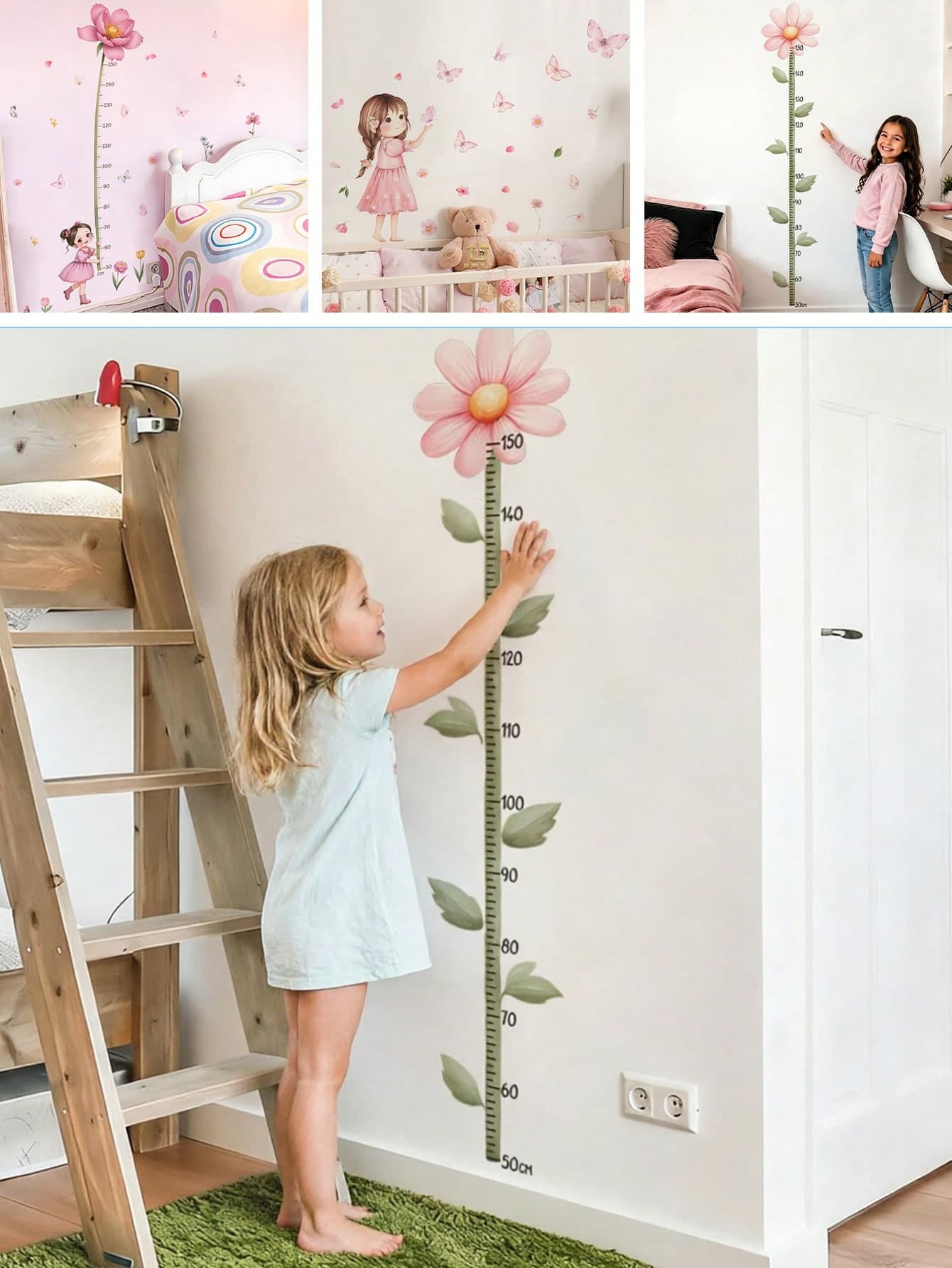 1PC Cartoon Floral Kids Height Chart Wall Sticker, Watercolor Pink Flower Growth Meter, Personalized 50-150cm Removable Ruler Wall Decal For Baby Bedroom Children's Room Playroom Nursery Decor