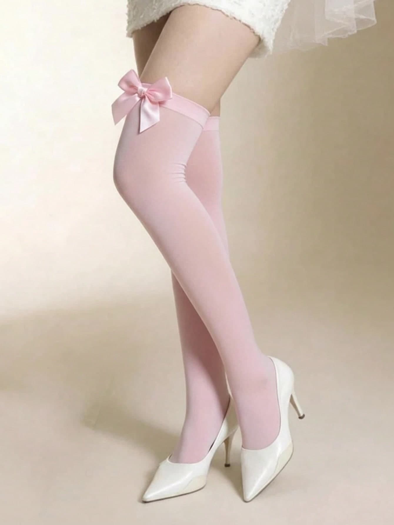 1 Pair Women Pink Thigh High Silk Socks, Cute Bow Decor Stretchy Over Knee Hosiery, Soft Breathable Solid Sheer Socks For Daily Date Party