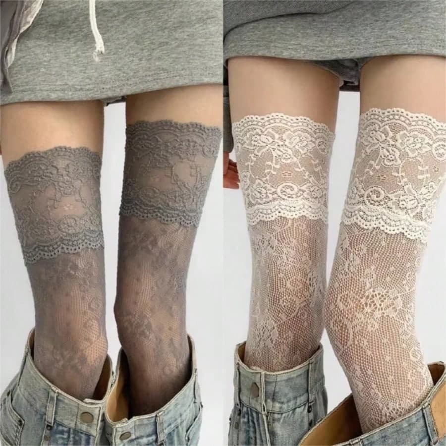 1 Pair Women's Sexy Lace Floral Fishnet Long Stockings, JK Lolita Thigh High Nylon Mesh Breathable Over-The-Knee Stockings, Women's Over-The-Knee Fish