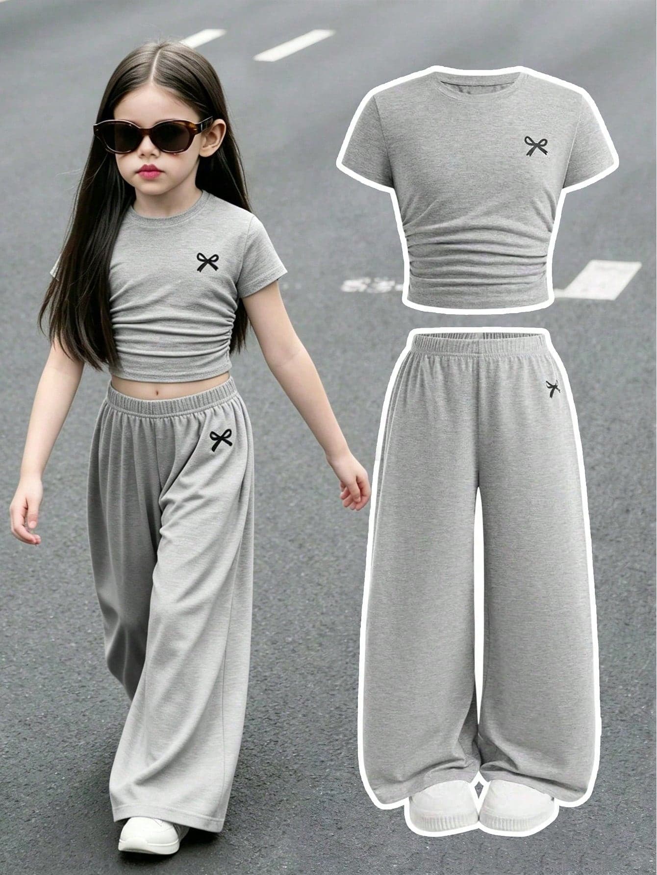 Tween Girl Casual Everyday Commute Minimalist Bow Print Pleated Fitted Short Sleeve T-Shirt And Elastic Waist Wide Leg Pants Set, Spring/Summer/Autumn
