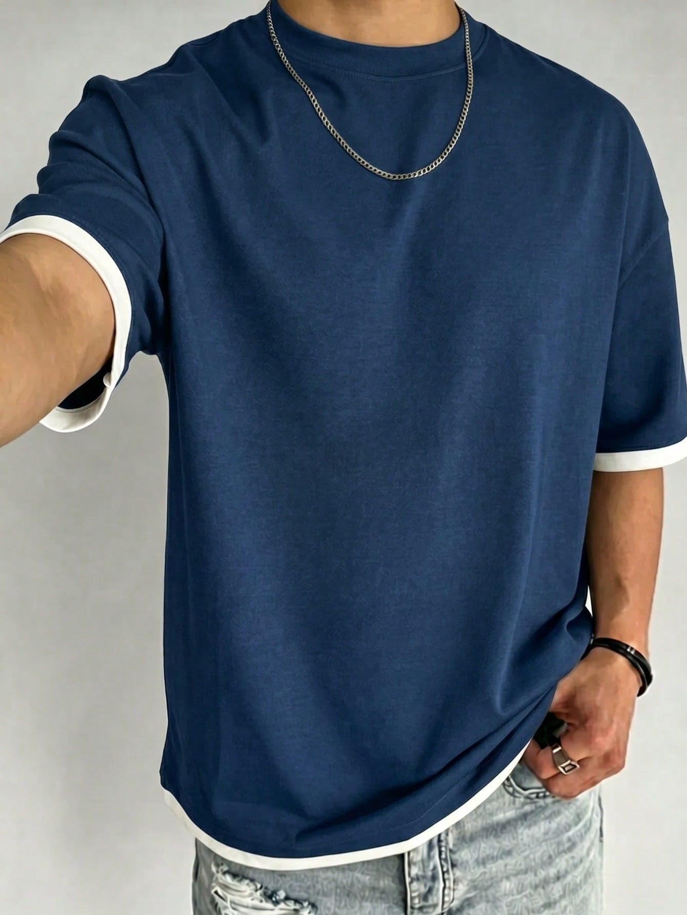 Men's Summer Fashion Versatile T-Shirt, Contrast Color 2 In 1 Design, Regular Crew Neck, Breathable Knit Fabric, Suitable For Daily Wear