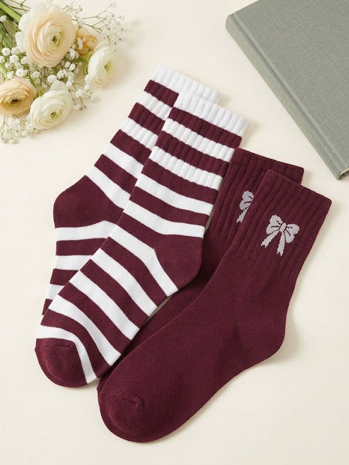 1/6 Pair Minimalist Sexy Style Mid-Calf Socks, Burgundy And White Striped With Bowknot. Preppy Style Mid-Calf Socks, Suitable For Daily Wear, Matches Sneakers, Ankle Boots And Loafers