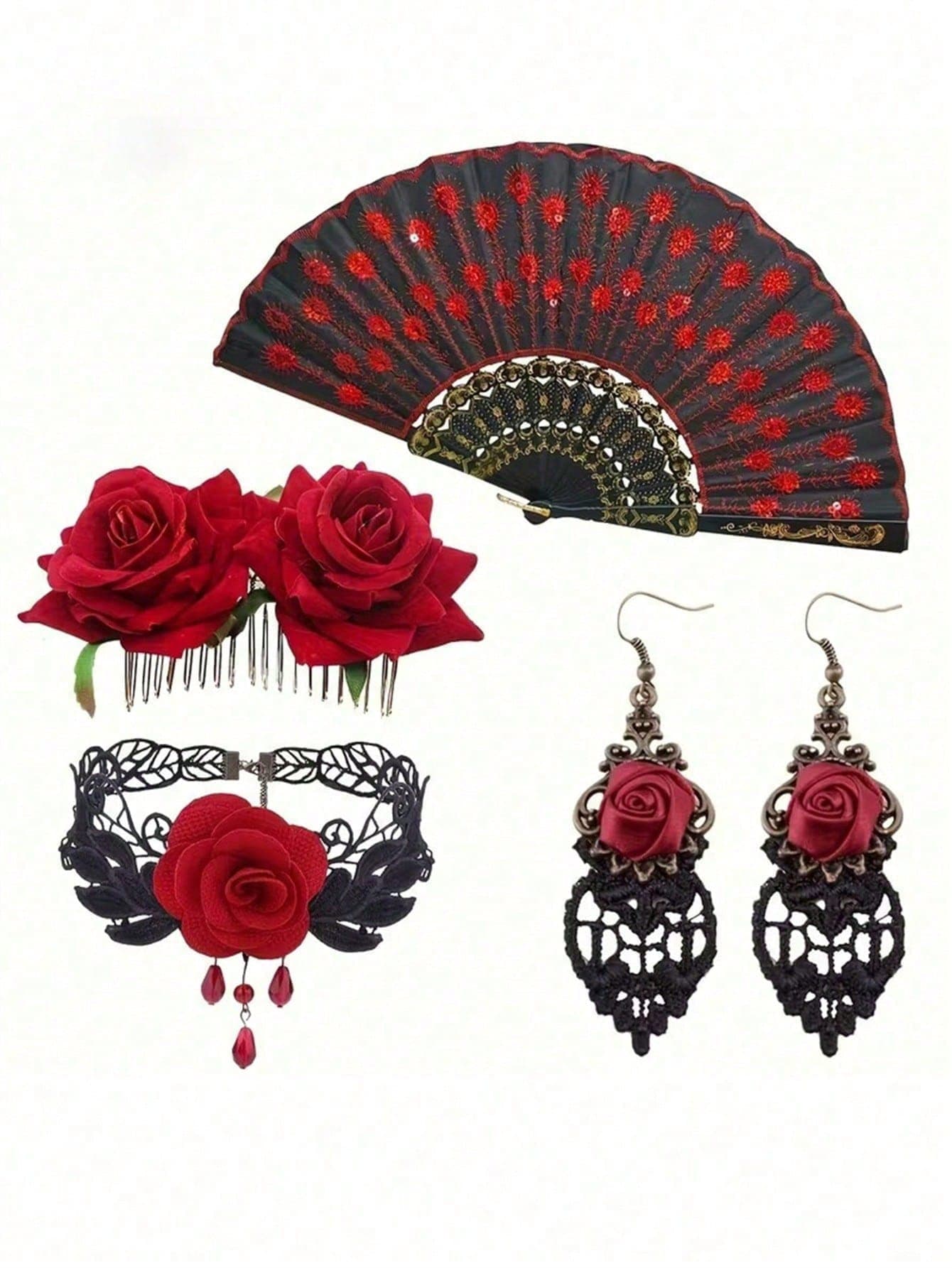 5pcs Women's Flamenco Dance Costume Set - Includes Embroidered Sequin Fan, Rose Hair Clip, Necklace And Earrings. A Complete Spanish Dance Outfit, Suitable For Flamenco Parties, Weddings, Cosplay And Stage Performances.