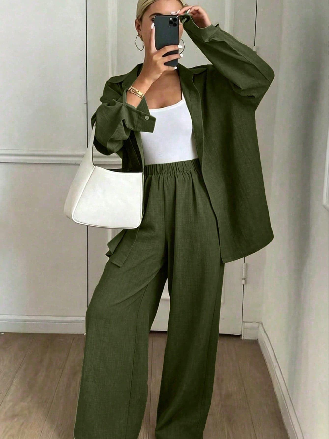 Women's Solid Color Loose Shirt And Wide Leg Pants 2 Pieces Set, Casual Chic, Suitable For Vacation, Daily Wear, Summer Spring Elegant
