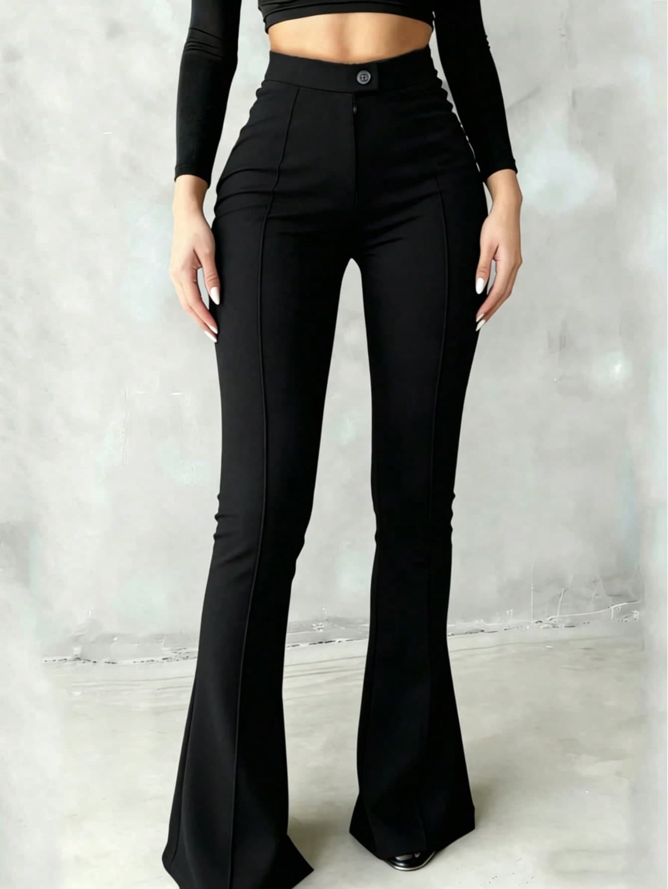 High-Waisted Flare Pants For Women With Front Seam Design, Button Closure, Stretchy Black Trousers Suitable For Casual And Formal Occasions Spring