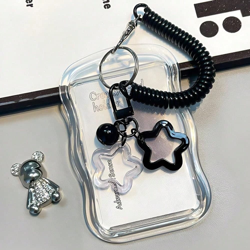 1pc Cute Photo Card Keychain, K-Pop Photo Card Holder, Starry Wave Pattern Photo Card Holder, Transparent PC Card Holder, Creative Photo Card Holder, Metro/Bus Card Photo Protector, School Supplies, Back To School