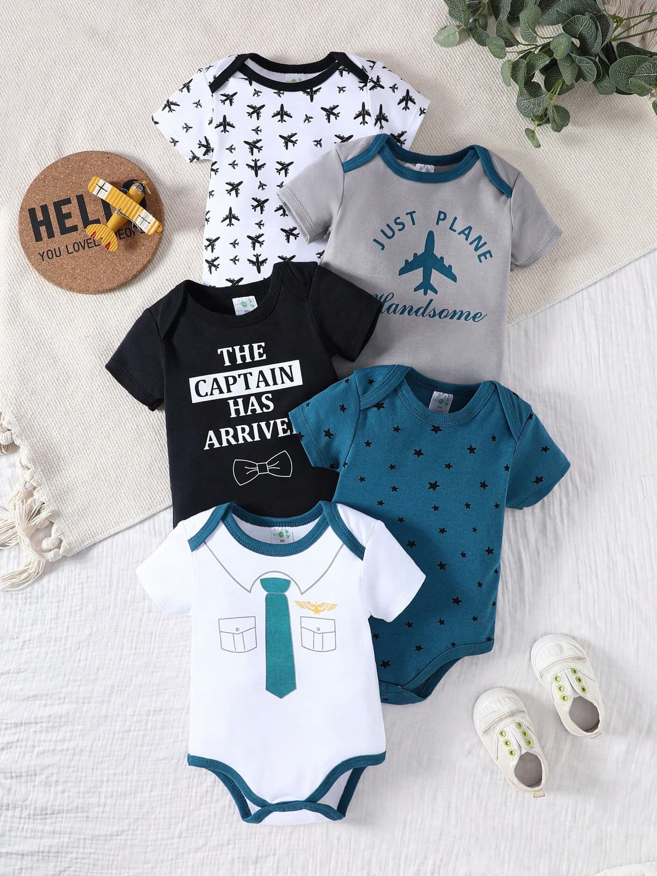 DILAVEL 5PCS Cotton Navy Pattern Round Neck Short Sleeved Full Print Jumpsuit For Boys Girls Babies Triangle Style Summer Autumn Outdoorfashion Outfit