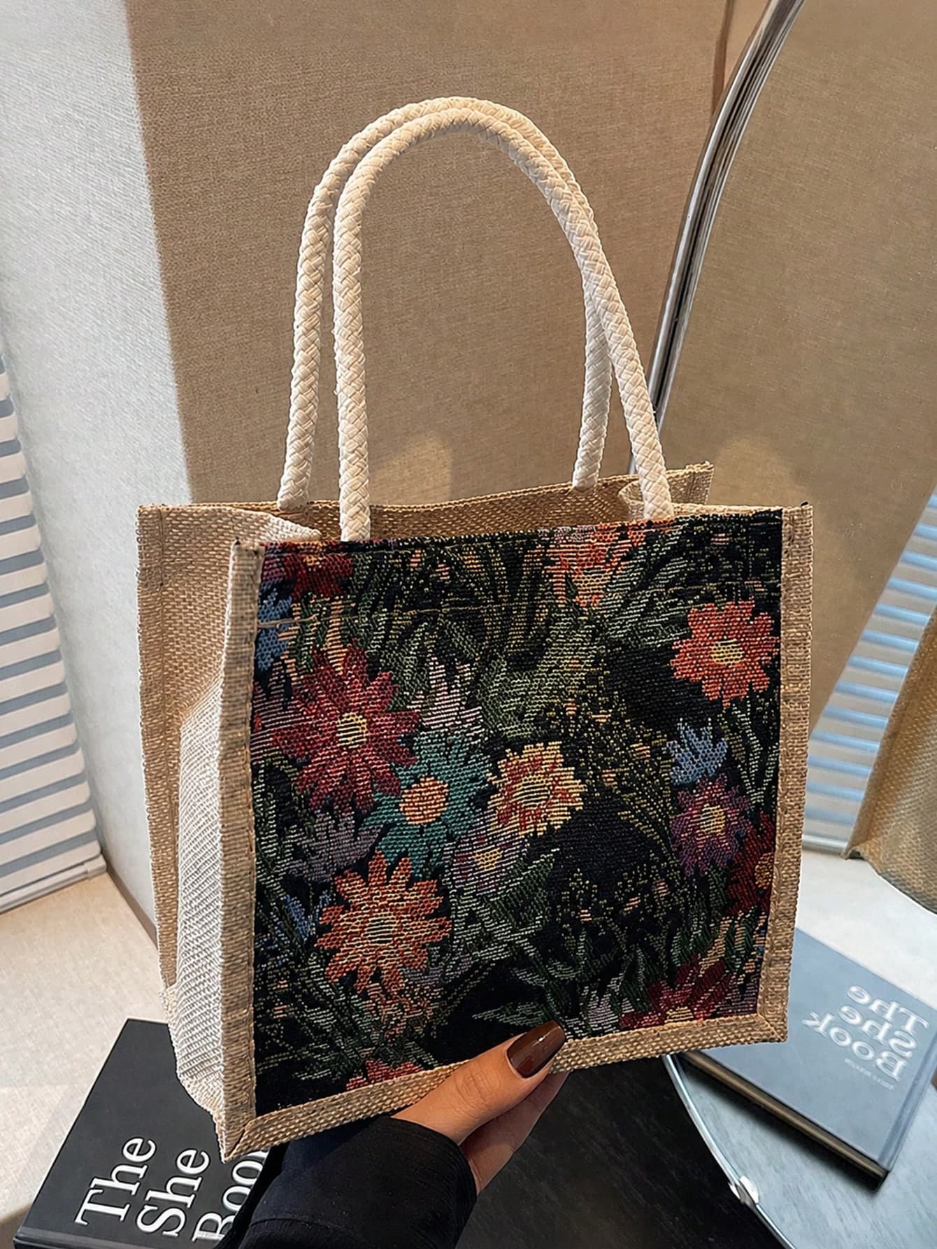 1pc Printed Linen Tote Bag, Bridesmaid Handbag, Makeup Bag, Large Capacity Travel Cosmetic Bag, Multi-Functional Portable Teacher Tote Bag, Women's Gift, Teacher's Day Gift, Portable Casual Storage Bag, Teacher Gift