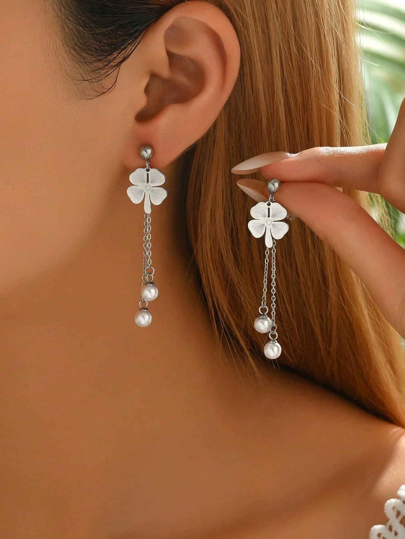 1 Pair Stainless Steel Flower Tassel Pendant Pearl Stainless Steel Earrings, Elegant Personalized Celebration Party Wedding French Earrings Accessories For Women