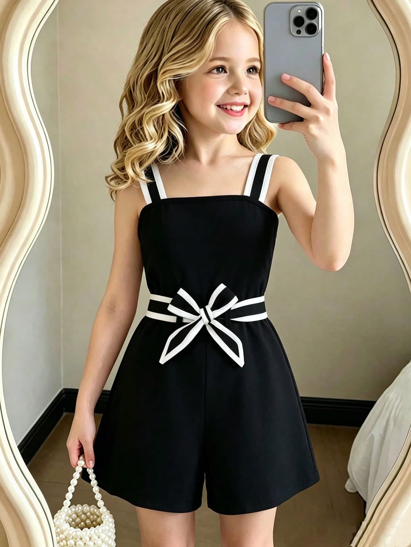 New Girls' Black And White Bowknot Sleeveless Romper With Waist Tie Design, Suitable For Cute Casual Summer Weara