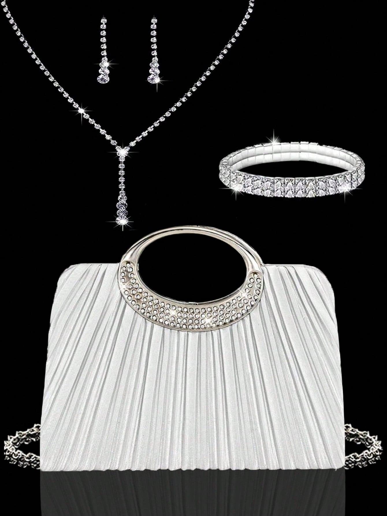Women's Fashionable Sparkling Crystal Diamond Evening Clutch Bag, Luxurious Diamond-Encrusted Formal Dress Handbag, Can Be Matched With Sparkling Crystal Diamond Jewelry Set Including Dazzling Pendant Necklace, Earrings And Bracelet, Suitable For Gala, Party, Birthday, Wedding As Bridal Clutch, Party Bag, Wedding Accessory