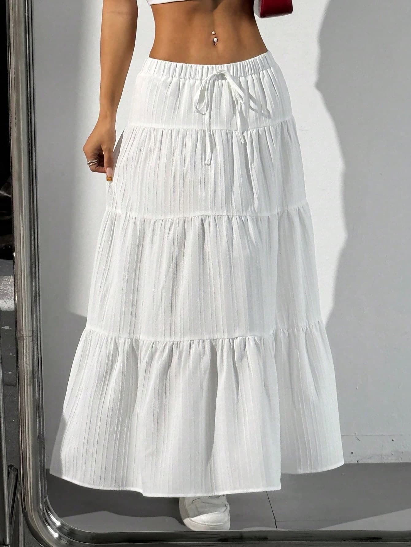 Women's Spring/Summer Versatile White Tie-Waist A-Line Skirt, Elegant Lady Style, Loose European And American Design