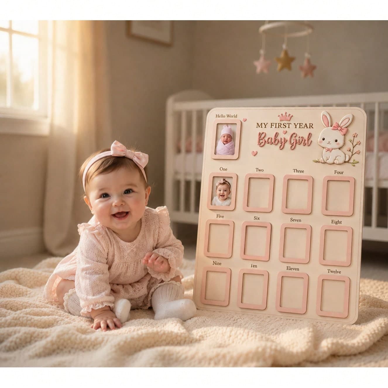 1 Set Wooden Baby's 1st Year Milestone Frame, 12 Month Milestone Board With Pink Rabbit Decor, Baby Growth Record Photo Frame For Desktop Display, Suitable For 1 Year Old Birthday, Nursery Decor And Newborn Gift, With Photo Slots