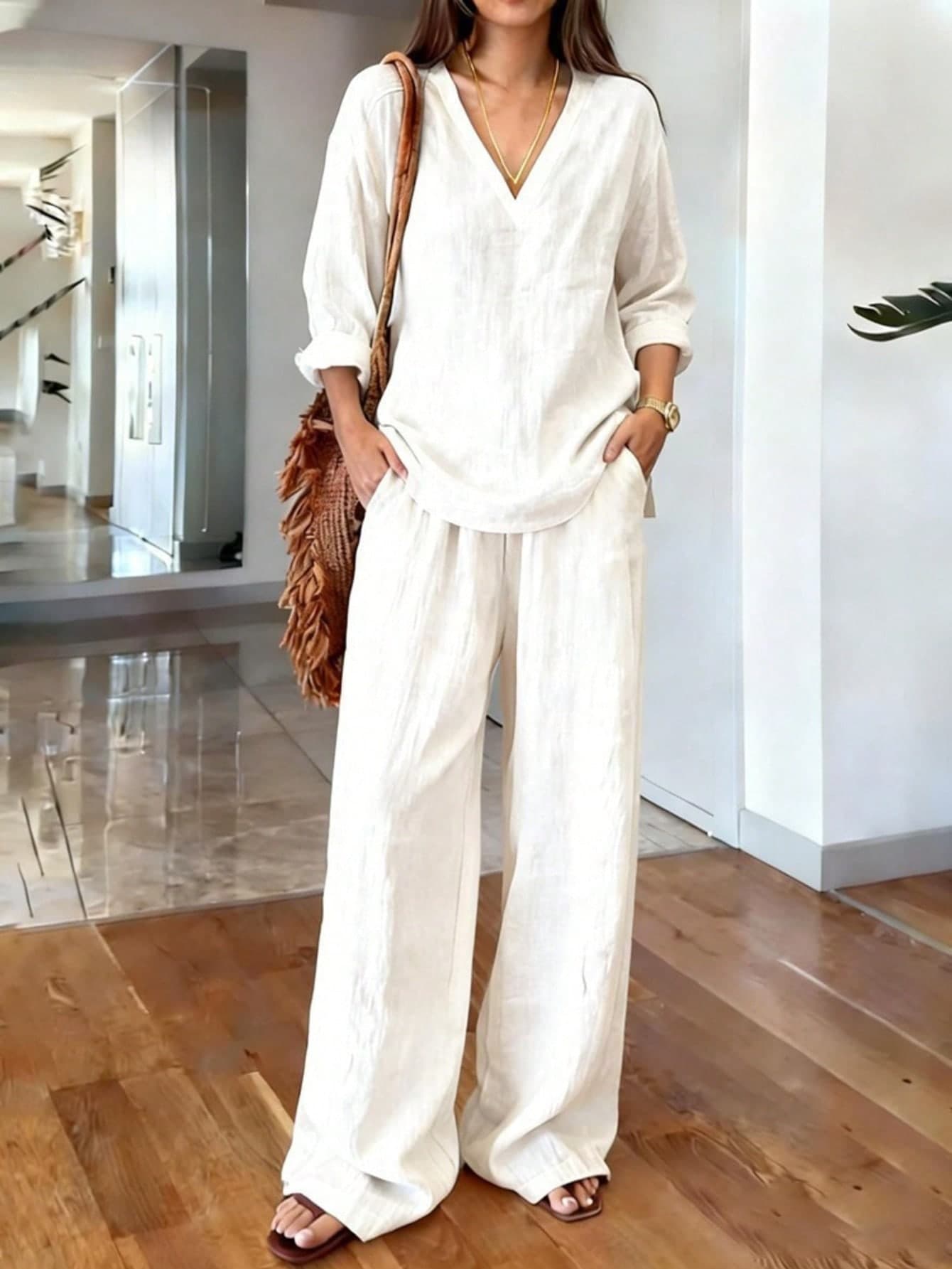 Women's Casual V-Neck Pullover Top & Shorts 2 Pieces Set, Summer White