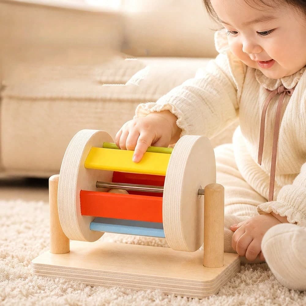 Montessori Early Education Textile Drum, Wooden Colorful Rotating Roller, 0-3 Years Old Baby Color Recognition Intelligent Toy
