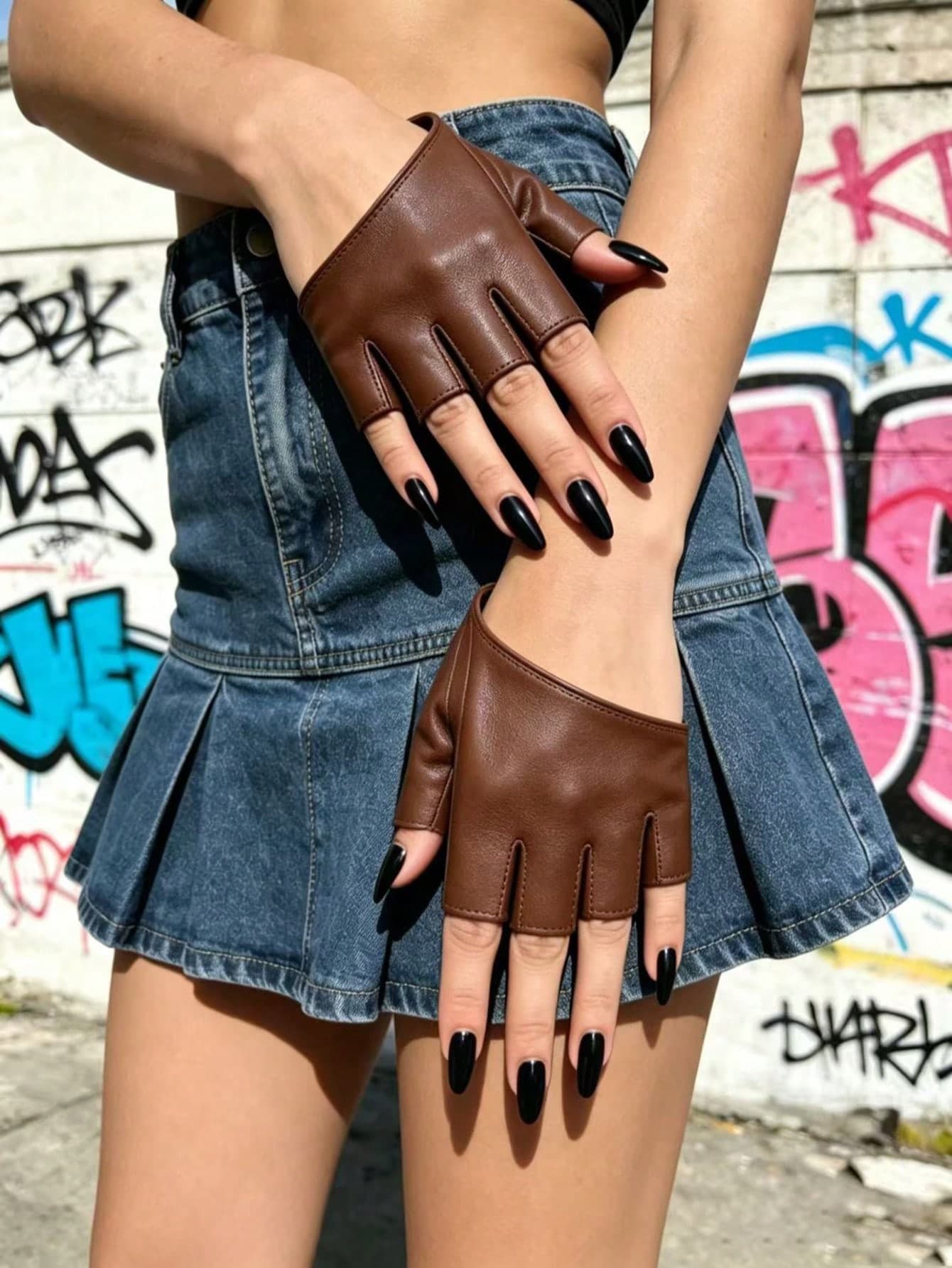 1 Pair Maillard Color Brown Open Finger Diagonal PU Gloves