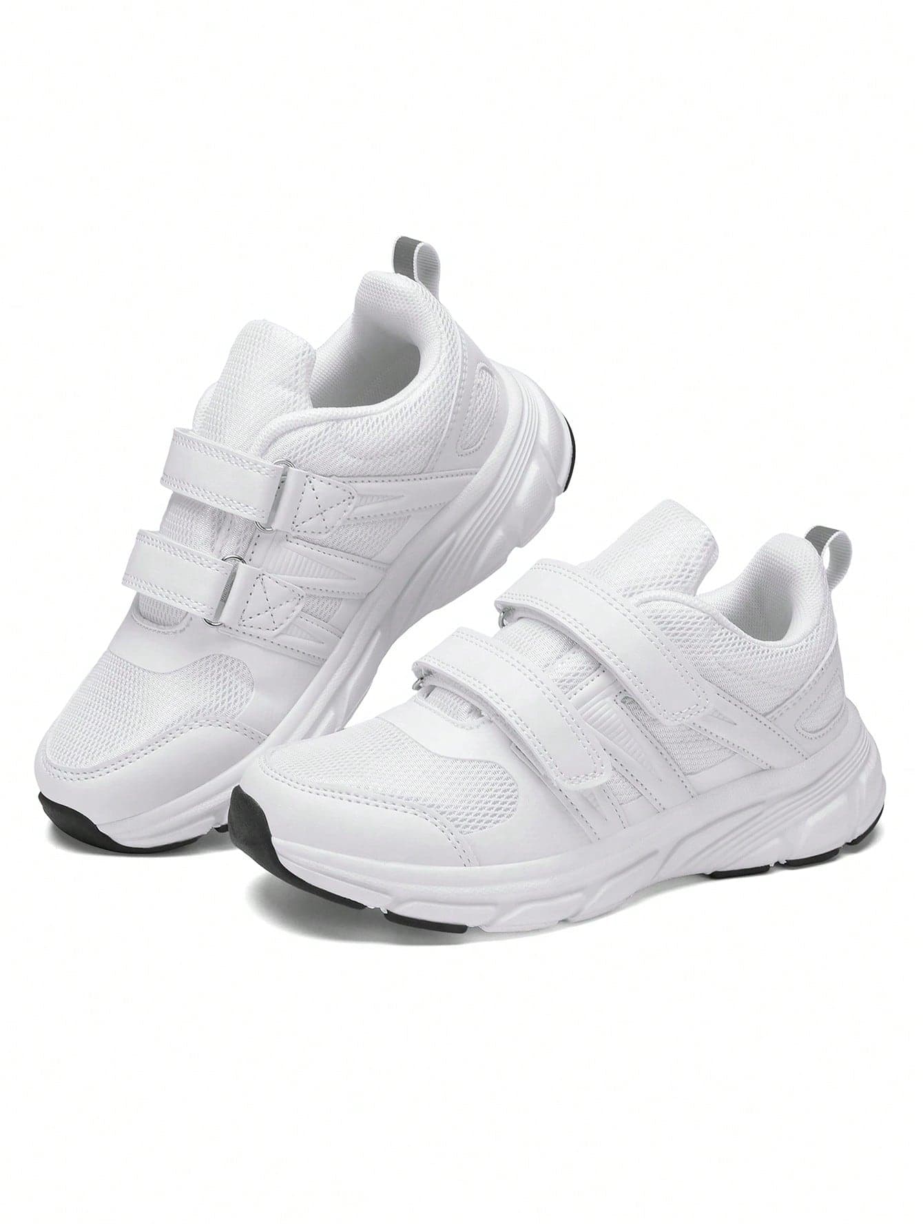 Children's White Hook And Loop Sports Shoes, Lightweight Breathable Running Sneakers