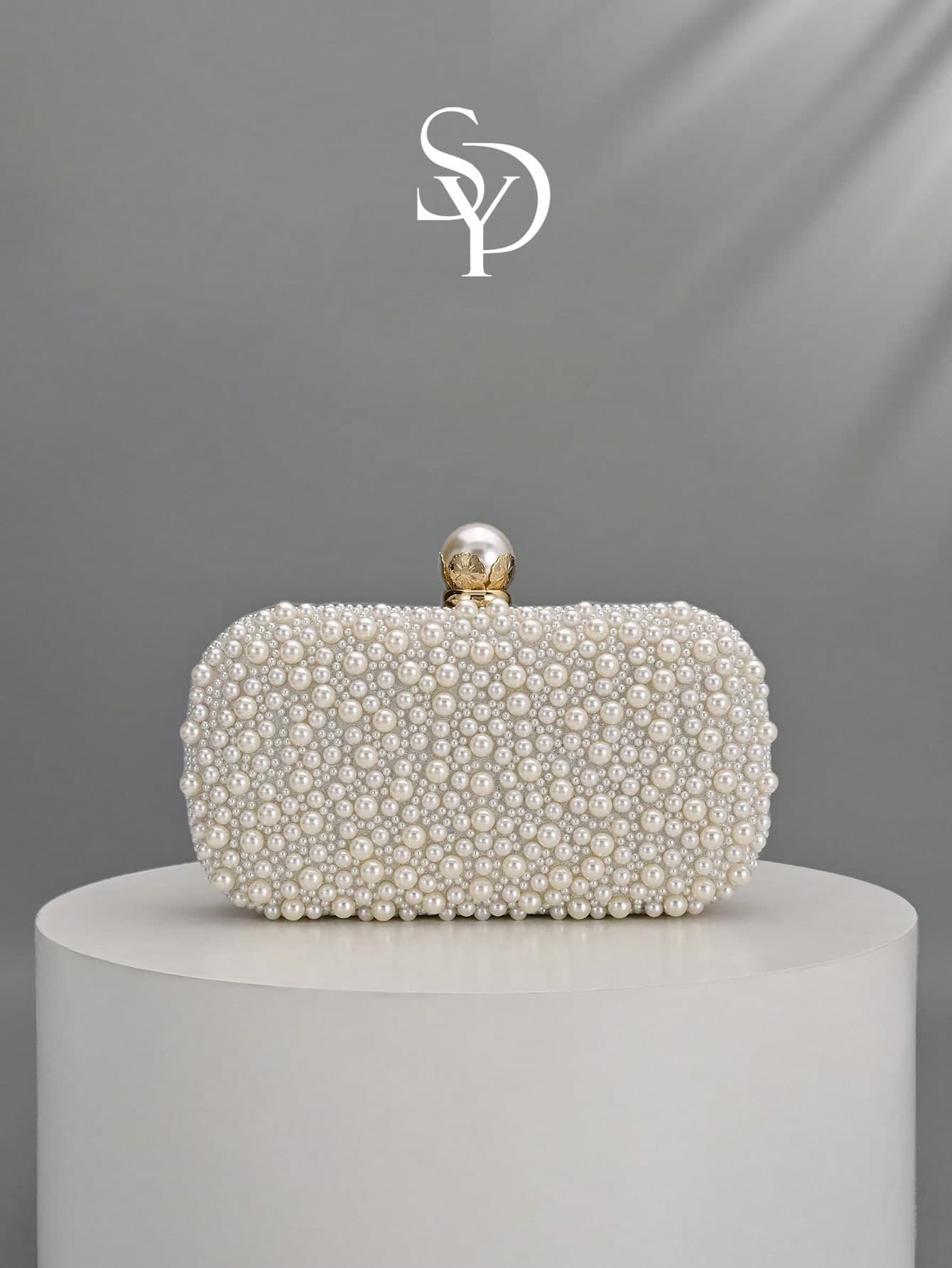 1pc Elegant Beige Pearl Evening Clutch Bag, Women's Luxury Sparkling Rhinestone Wedding Party Handbag