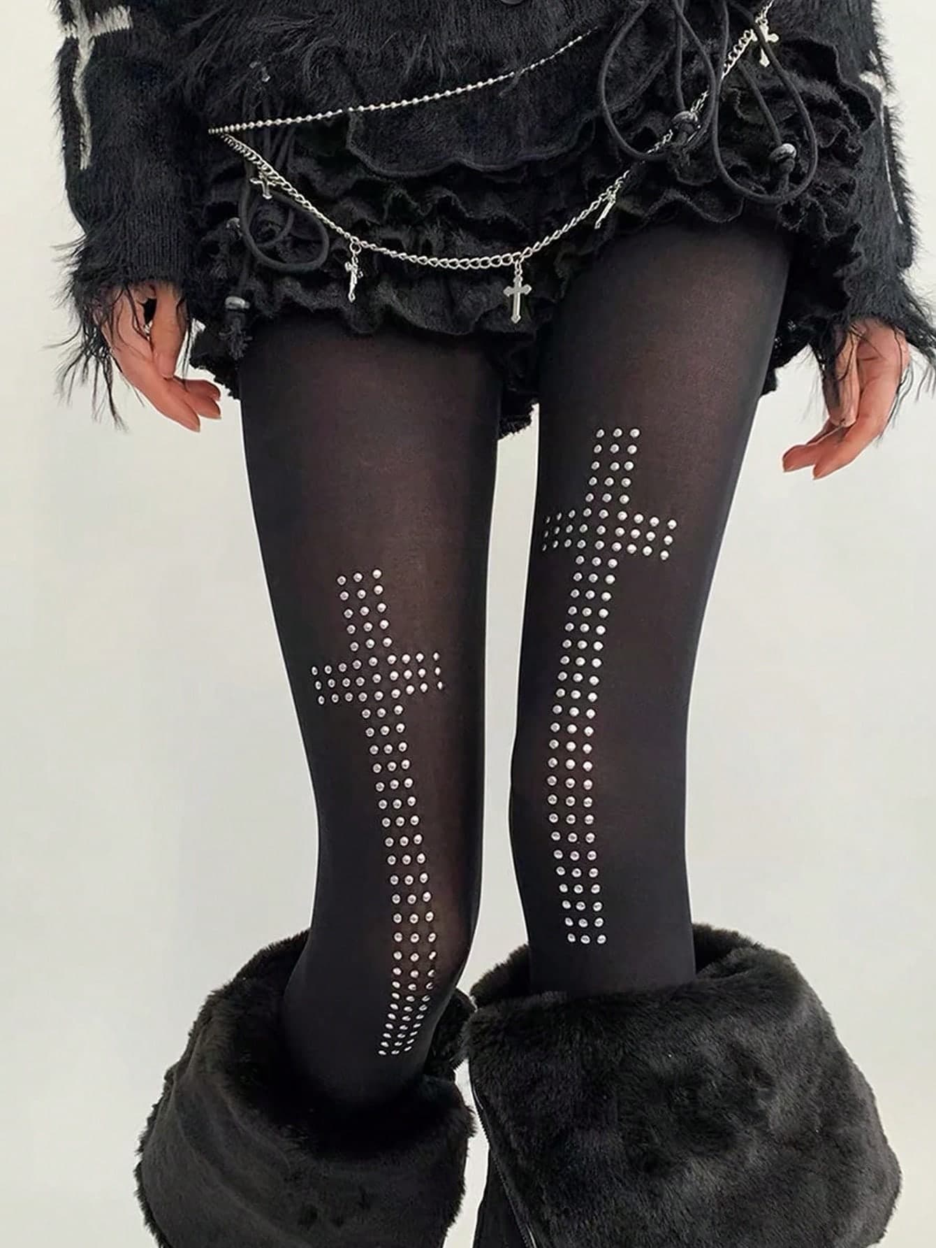 STAR RIVER 1 Pair Summer Thin American Retro Y2K Subculture Sweet Cool Black Tights, Women's Rivet Rhinestone Cross Micro-Sheer Pantyhose, Rock Punk Style