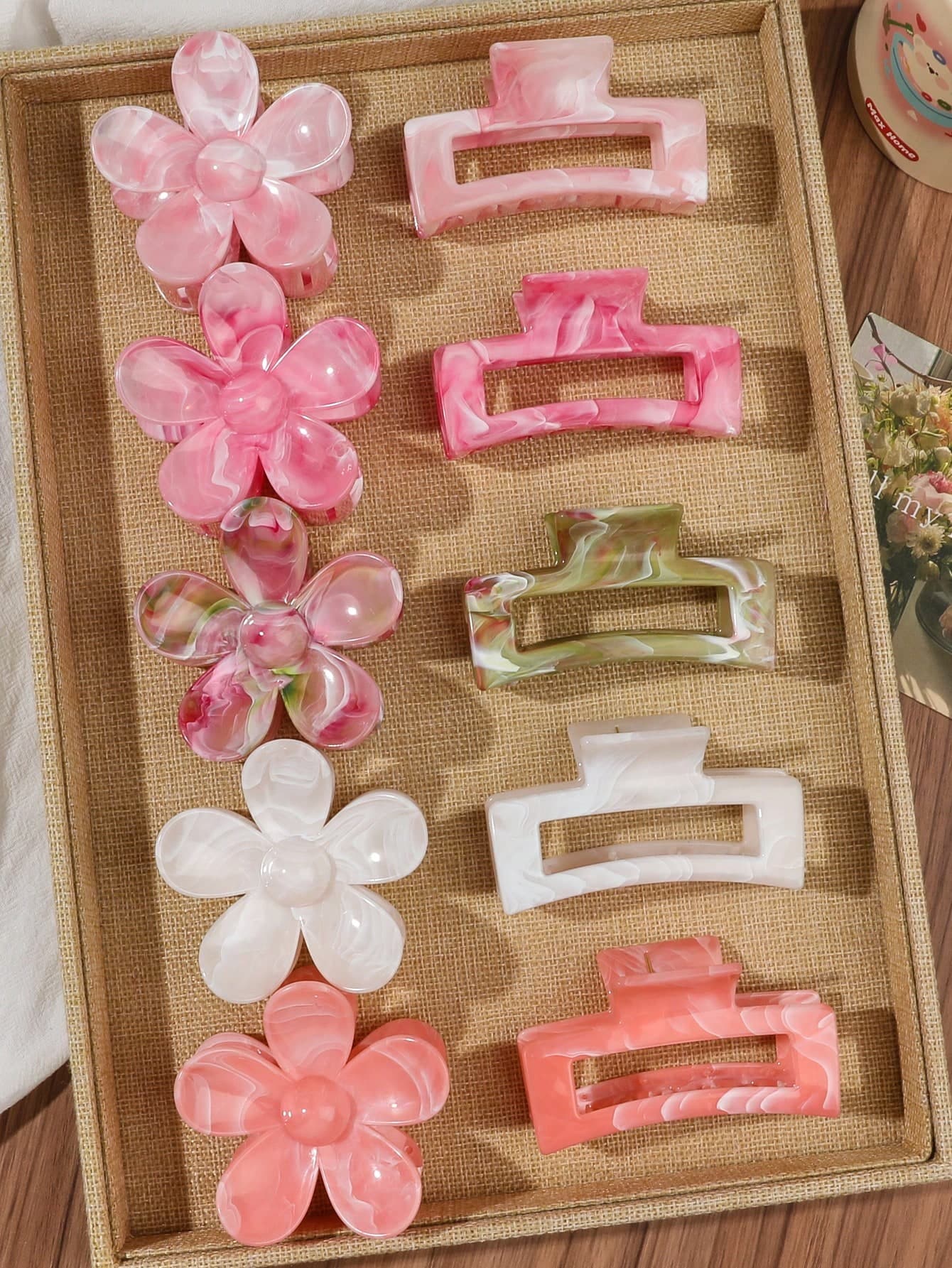10pcs Pink Gradient Marble Floral Square Hair Claw Clips, Boho Beach Vibe, Versatile Travel Holiday Hair Accessories For Ponytail, Bun, Bangs