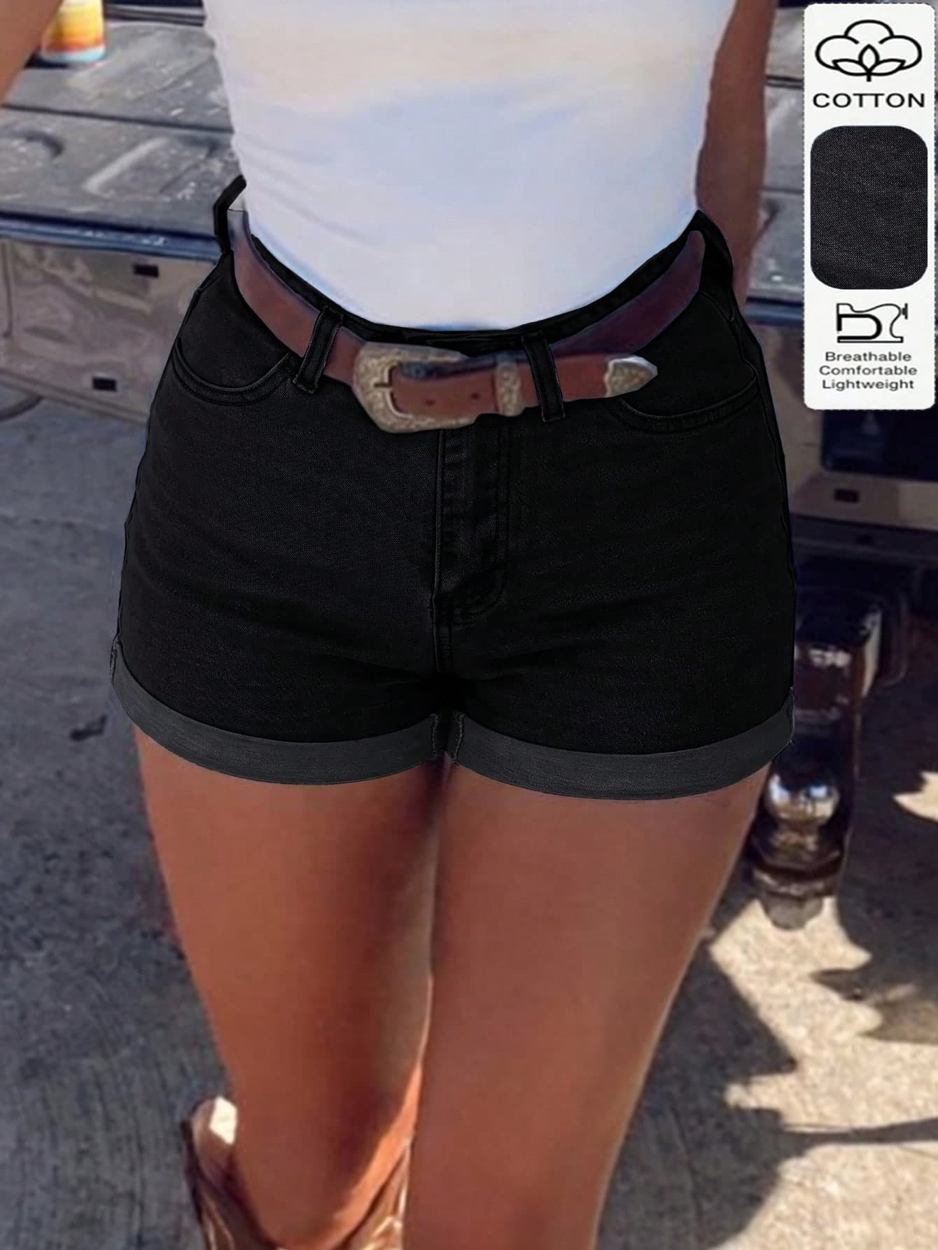 Tight Cuffed Basic Washed Denim Shorts, Minimalist European And American Design, Women's Summer Item Casual Black, Aesthetic