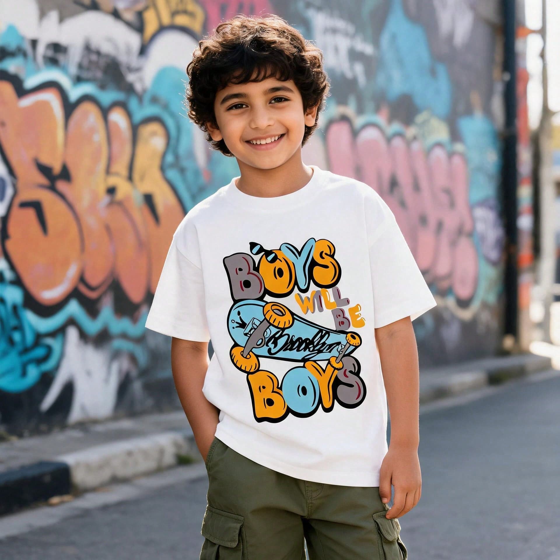 Young Boy Cartoon Skateboard & Letter Print Round Neck T-Shirt