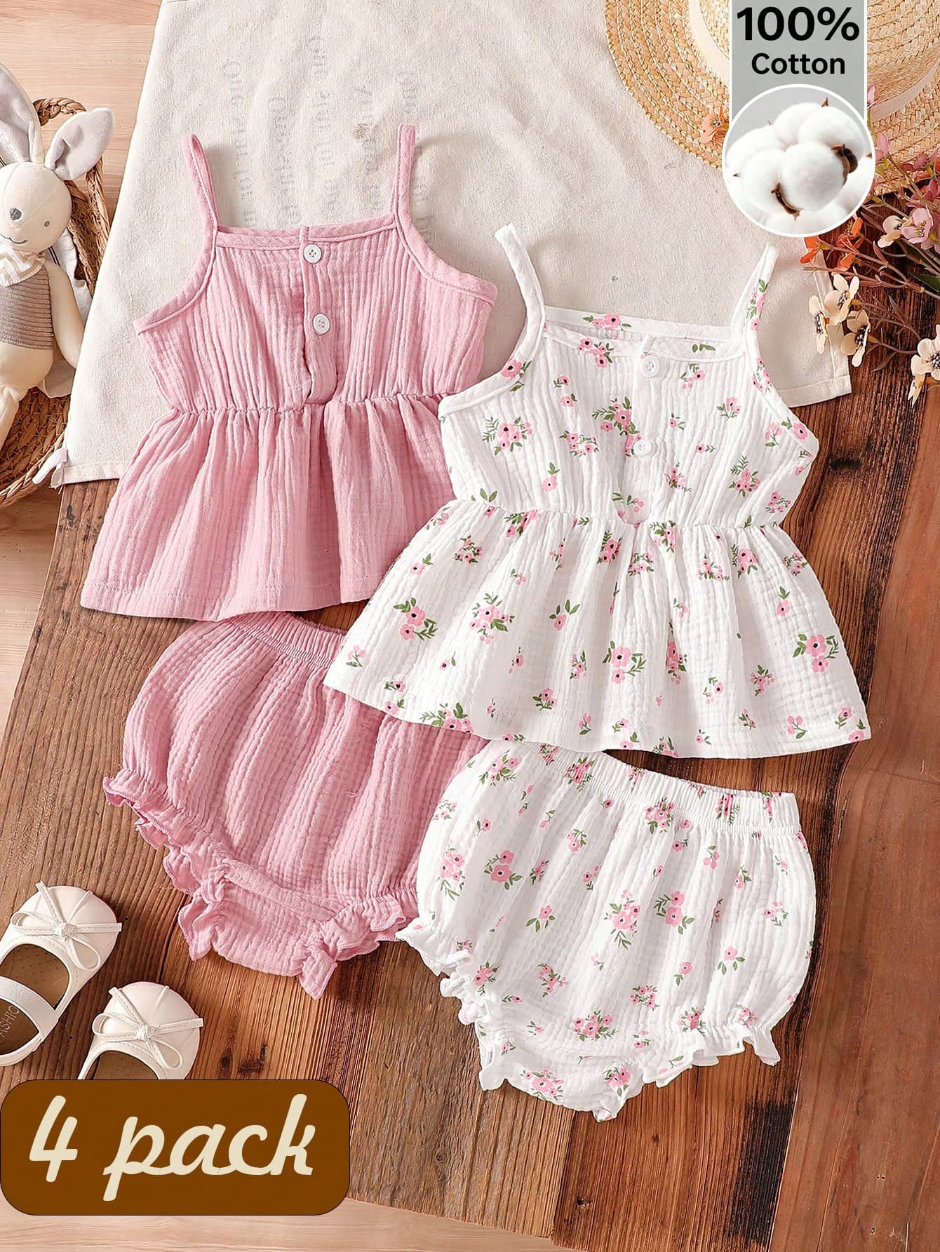 4pcs Baby Girl Floral Print Sleeveless Top + Ruffle Hem Shorts Soft Fabric Summer Infant Toddler Outfit