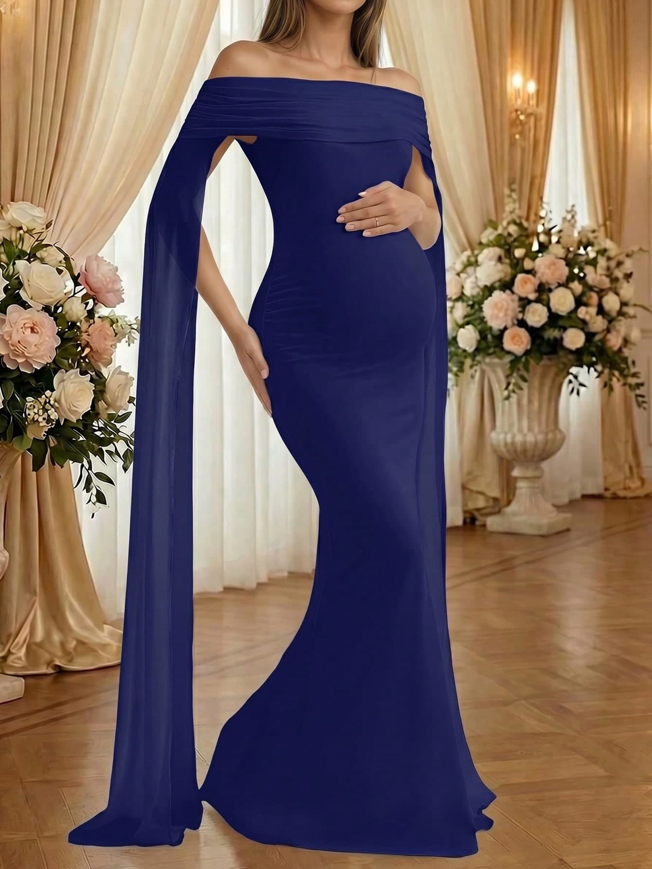 Navy Blue Off Shoulder Sleeveless Sheer Knit Fabric Elastic Mermaid Maxi Dress, Elegant Maternity Photography, Wedding Guest, Party Gown