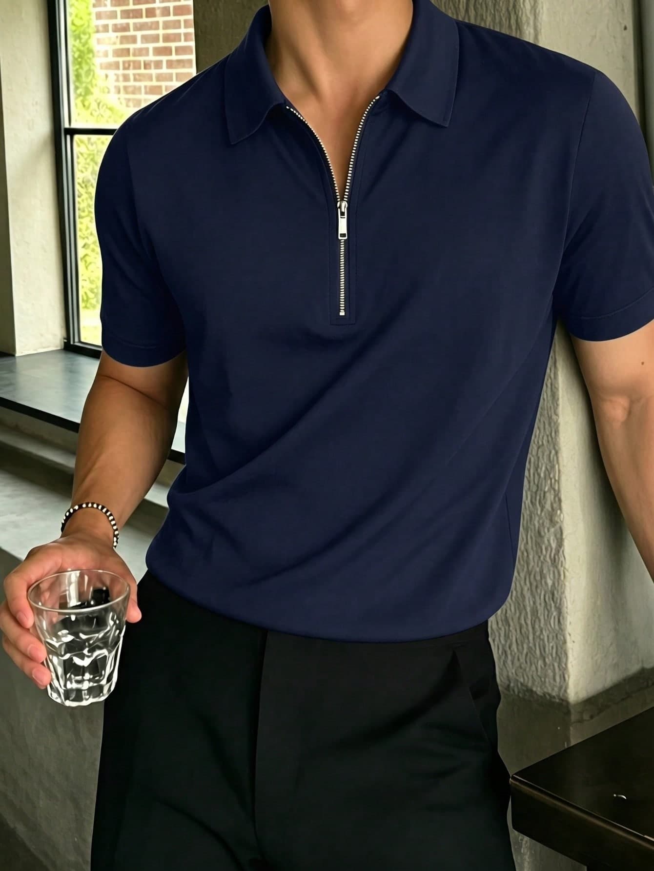 Men's Solid Color Half-Placket Casual Versatile Commuting Short Sleeve Polo Shirt