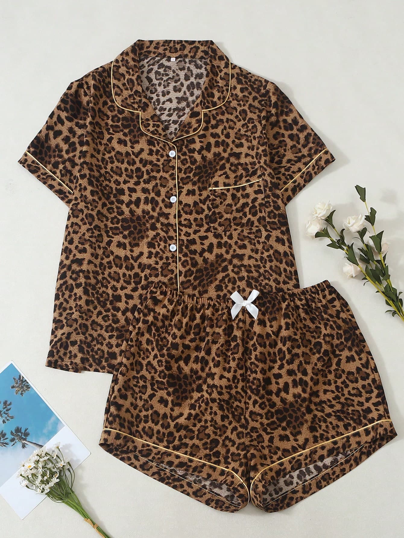 Plus Size Women Leopard Print Bubble Crinkle Short Sleeve Shorts Pajama Set