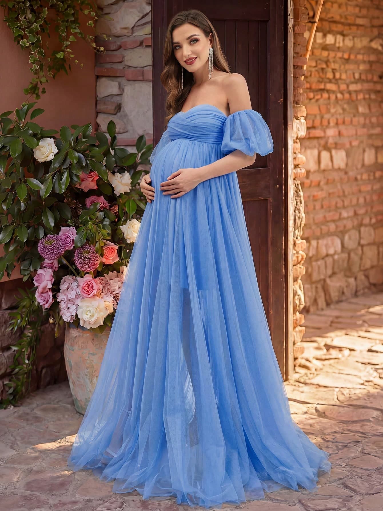 Maternity Off Shoulder Puff Sleeve Mesh Overlay Elegant Dress, For Party Spring