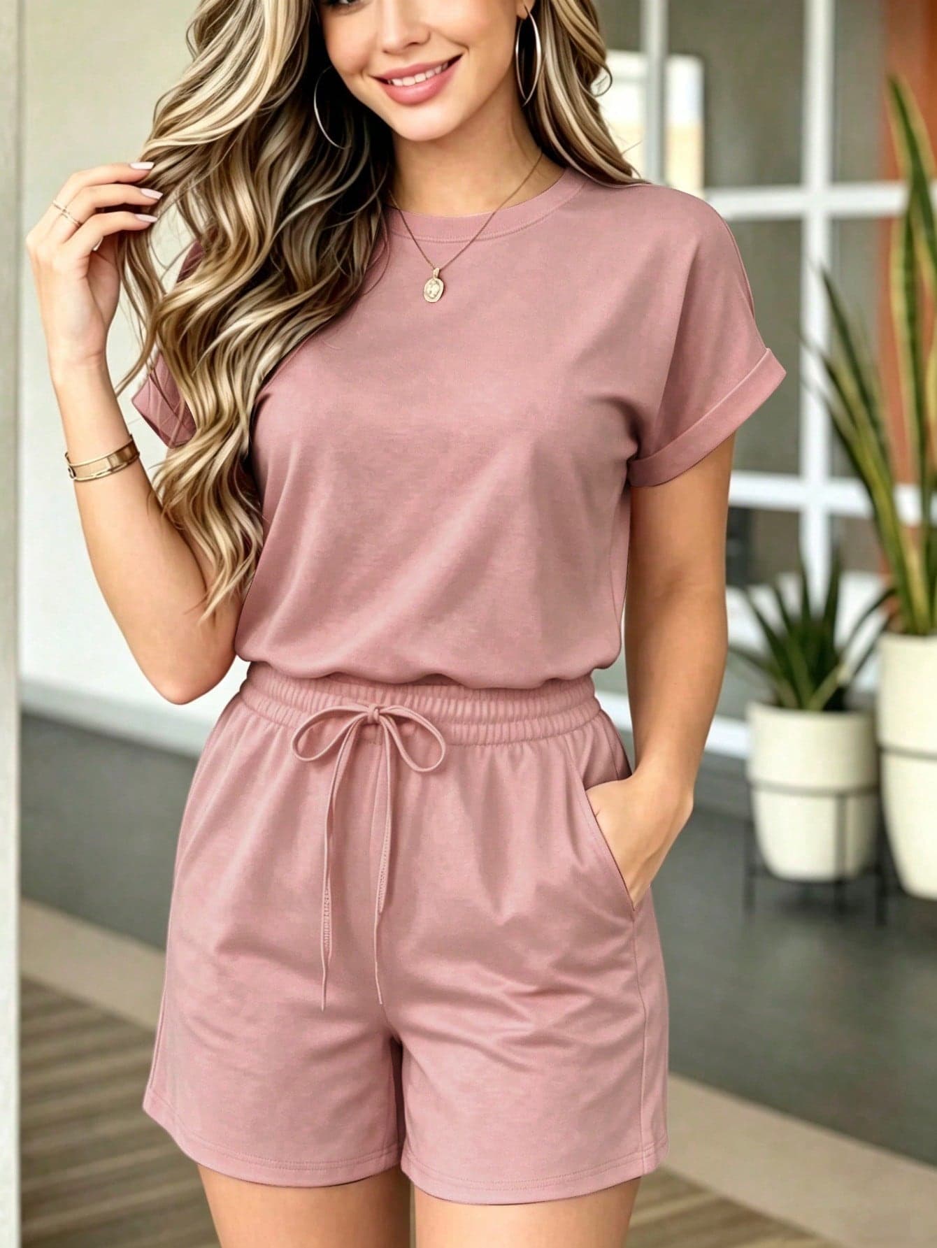 Women's Solid Color Round Neck Short Sleeve T-Shirt And Elastic Waist Drawstring Shorts 2-Piece Set, Minimalist Sporty Casual Outfit Suitable For Outdoor, Sports, Workout, Running And More, Spring/Summer, Athleisure