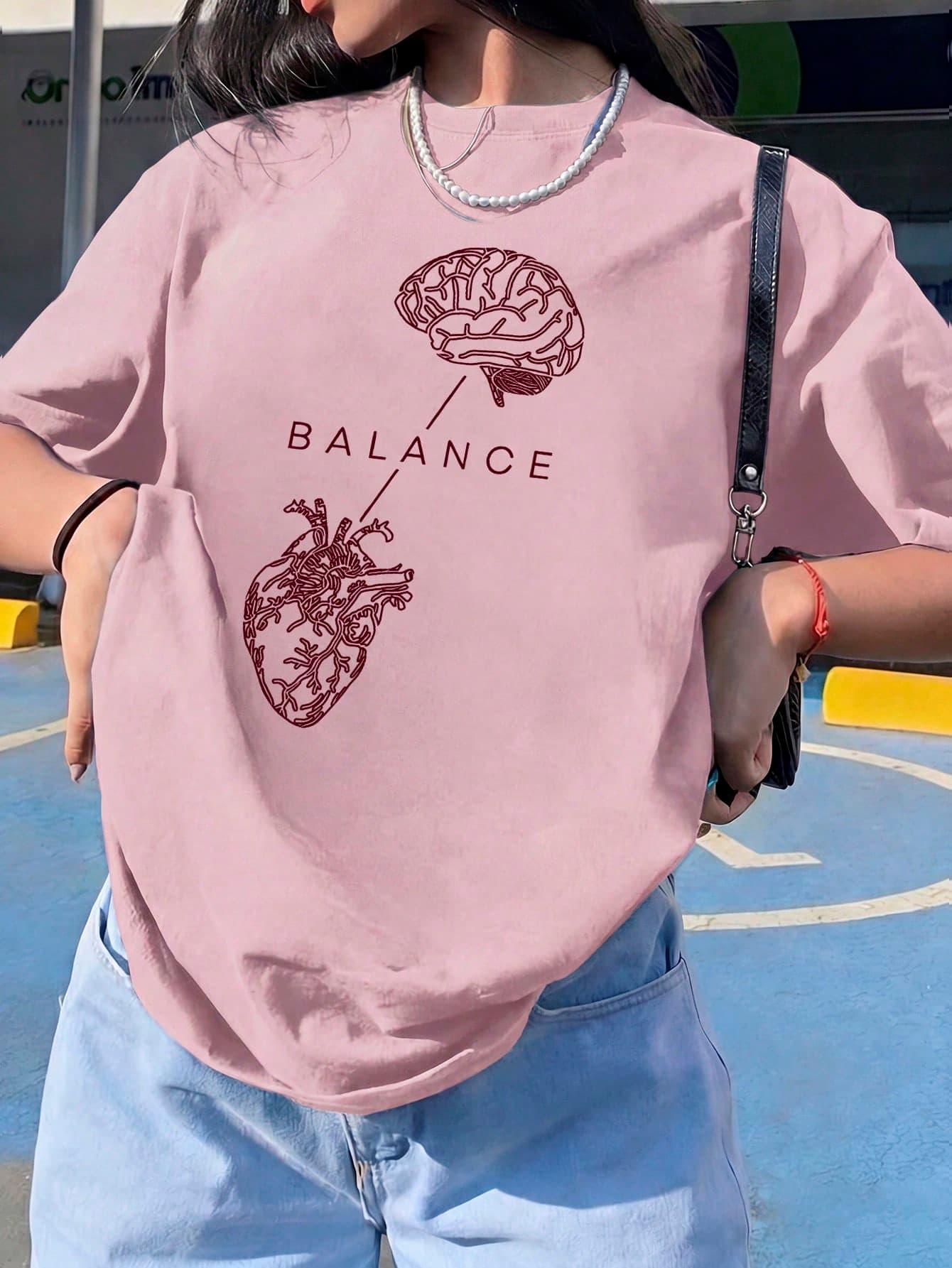 Women's Simple Pink T-Shirt With "Balance" Graphic Print, Casual Fit Suitable For Daily And Campus Wear Summer
